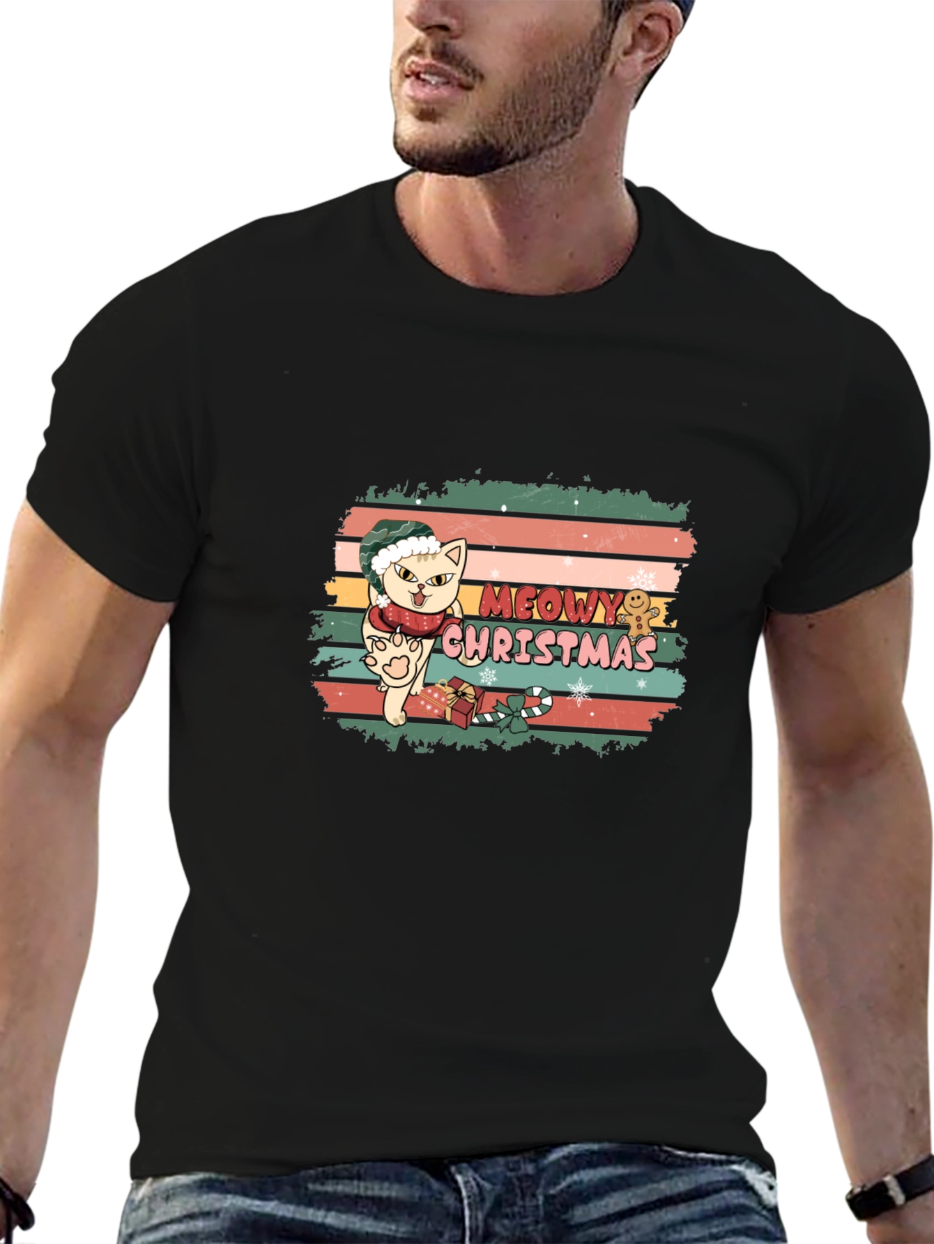 Meowy Christmas Cat T-Shirt - Holiday Festive Tee