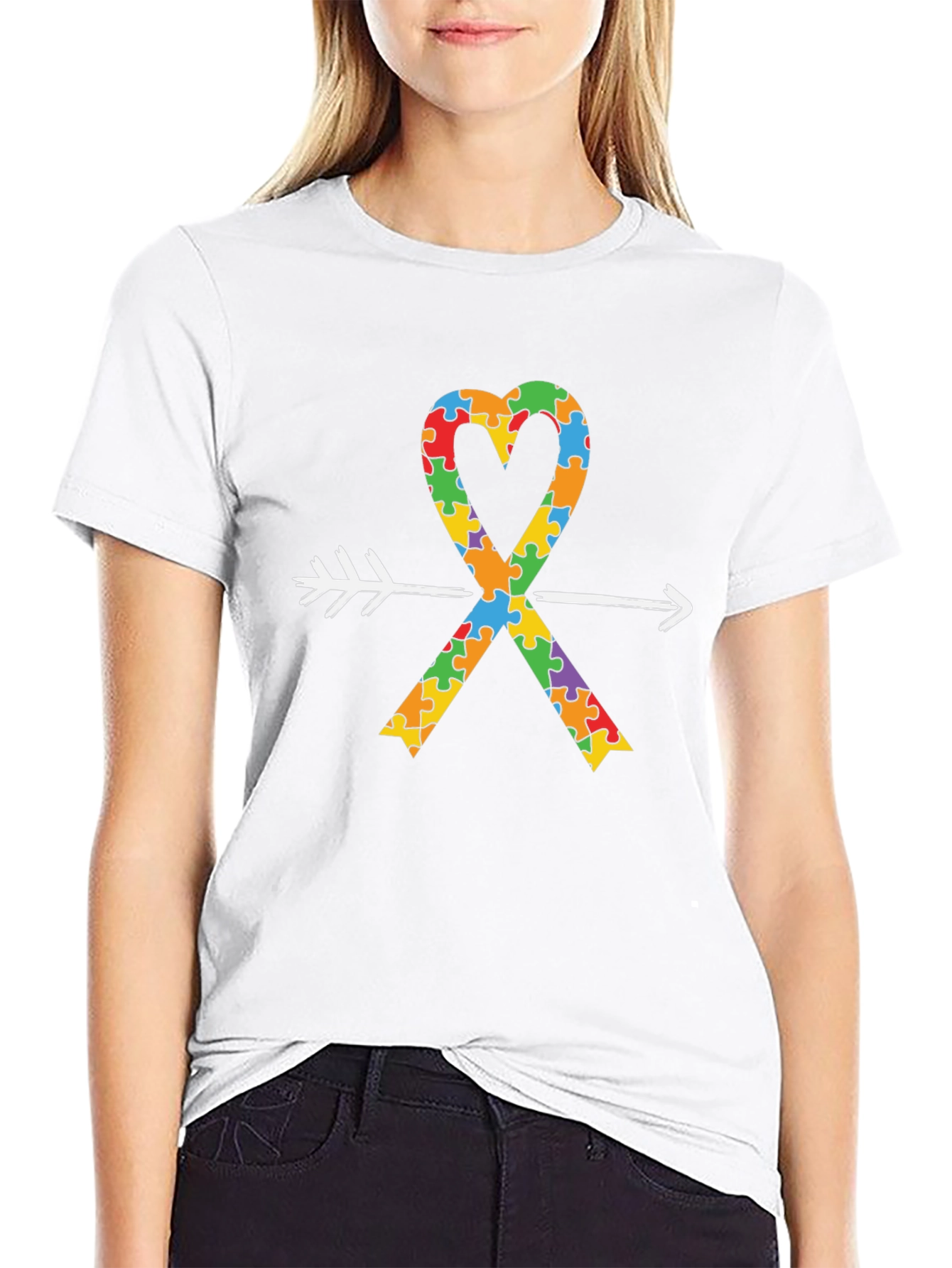 Autism Awareness Heart Arrow Black T-Shirt