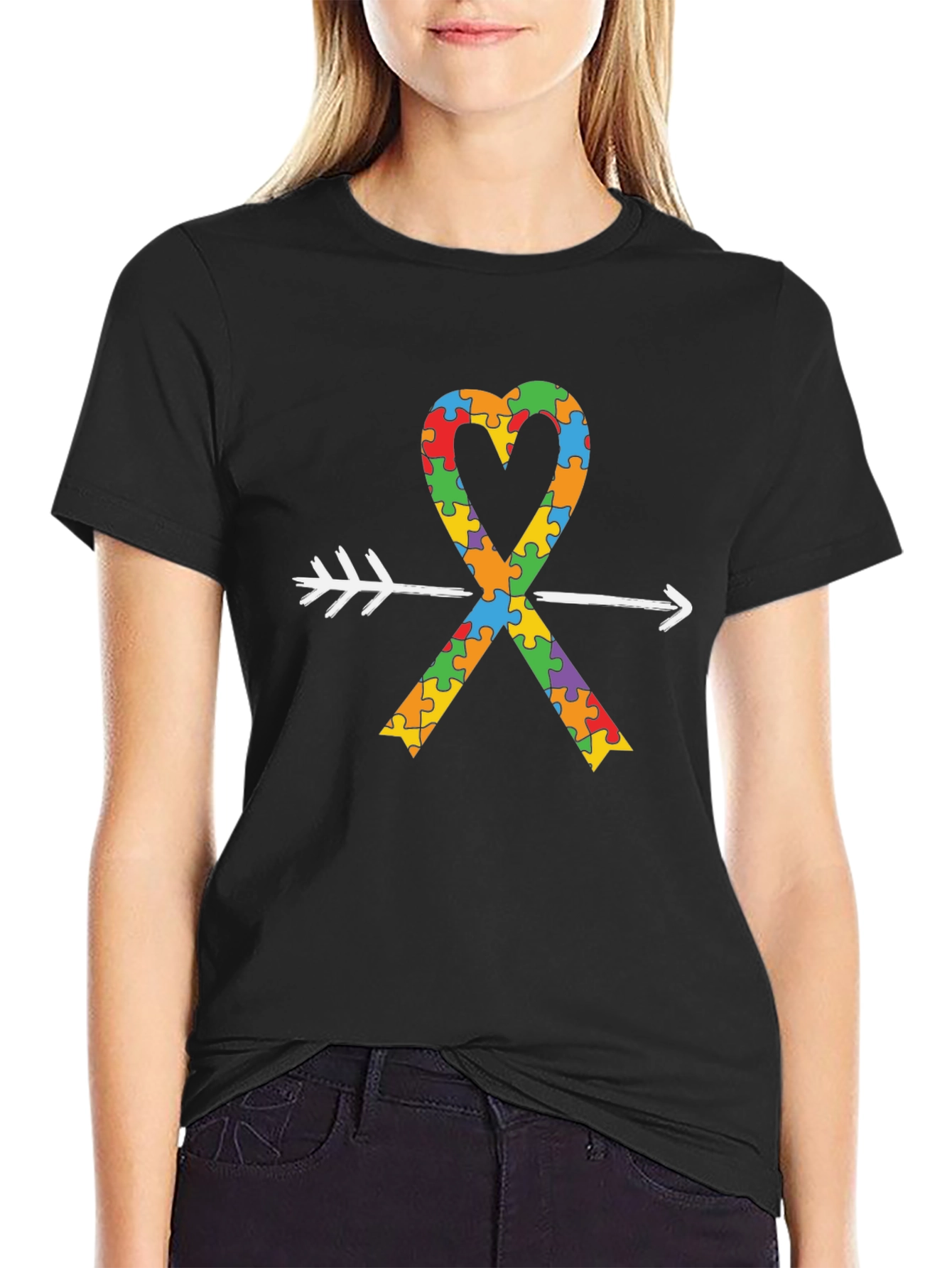 Autism Awareness Heart Arrow Black T-Shirt