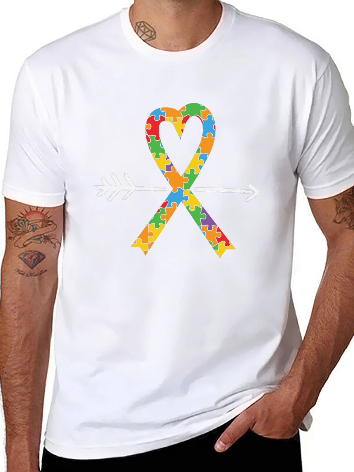 Autism Awareness Heart Arrow Black T-Shirt