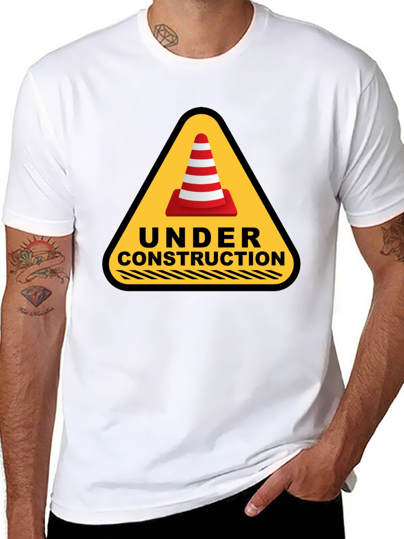 Under Construction Cone Graphic Tee - Black Cotton T-Shirt