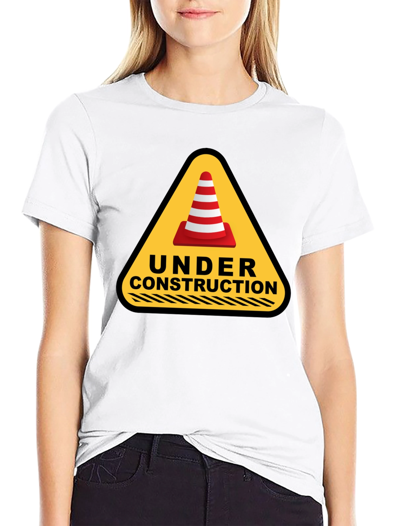 Under Construction Cone Graphic Tee - Black Cotton T-Shirt