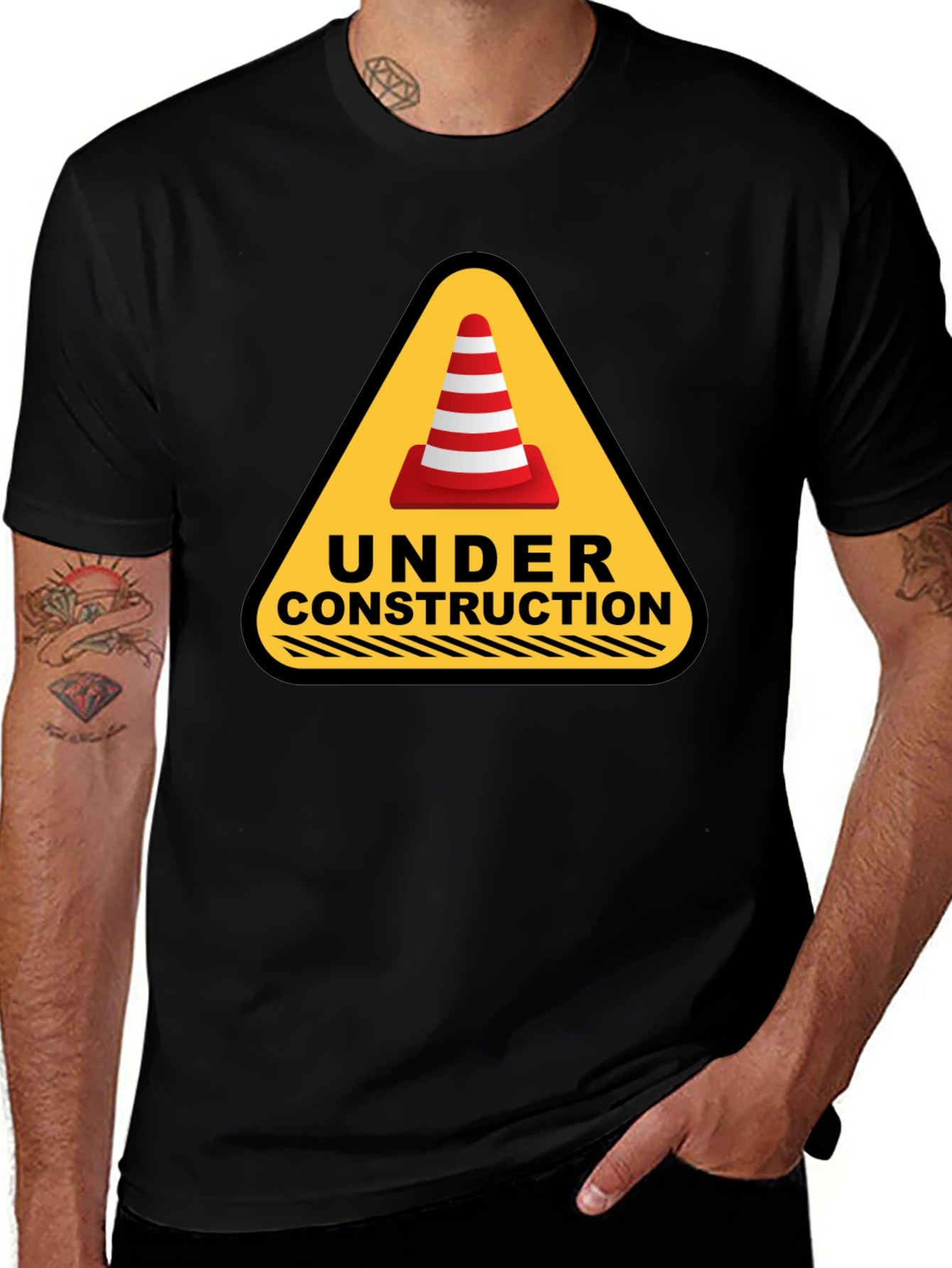 Under Construction Cone Graphic Tee - Black Cotton T-Shirt