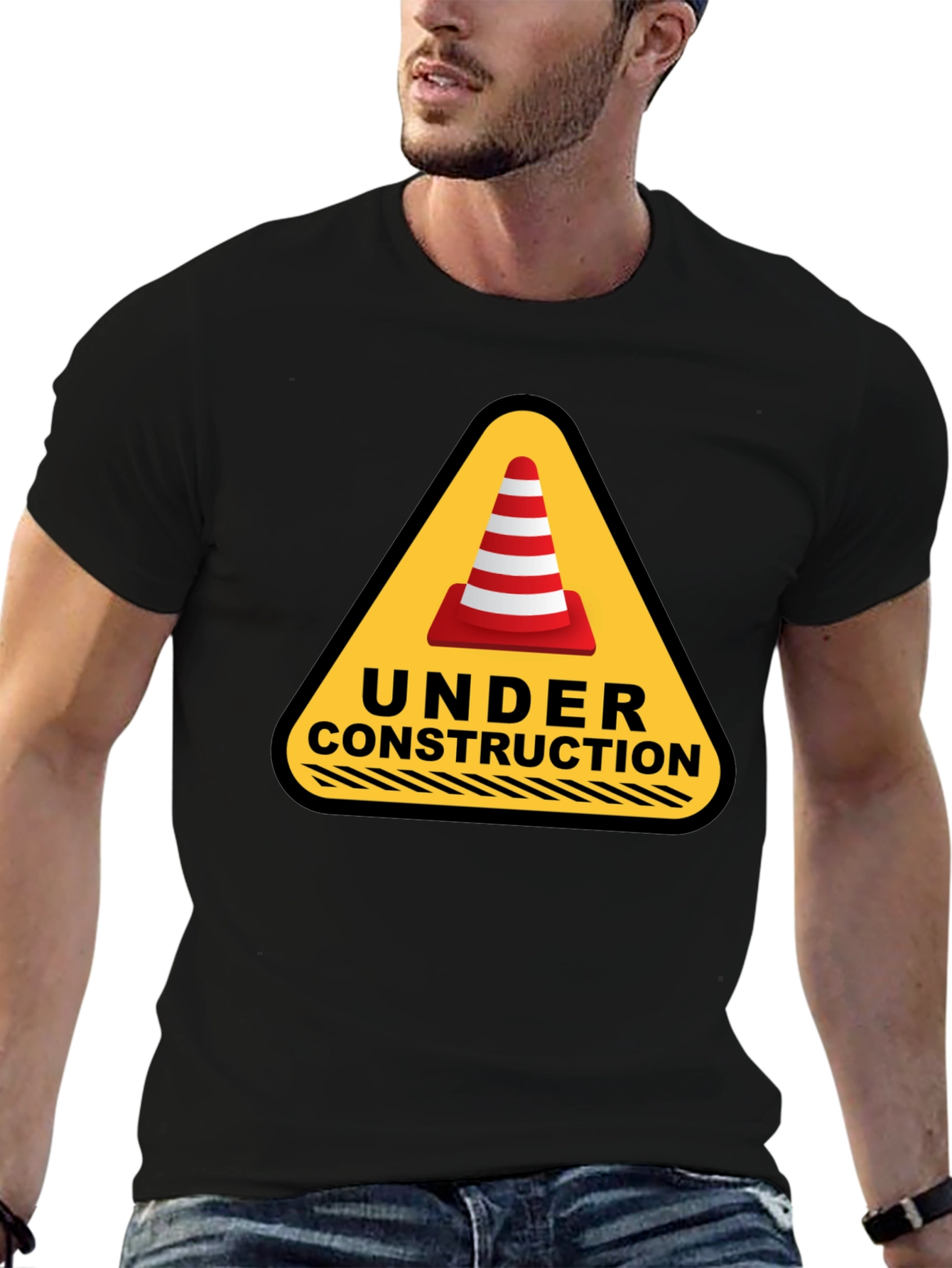 Under Construction Cone Graphic Tee - Black Cotton T-Shirt