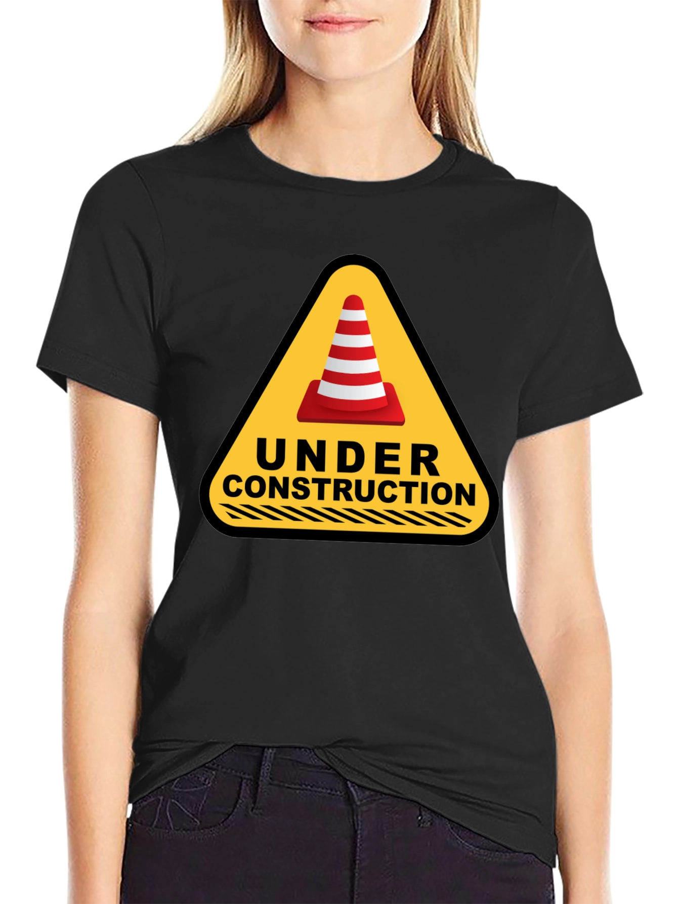 Under Construction Cone Graphic Tee - Black Cotton T-Shirt