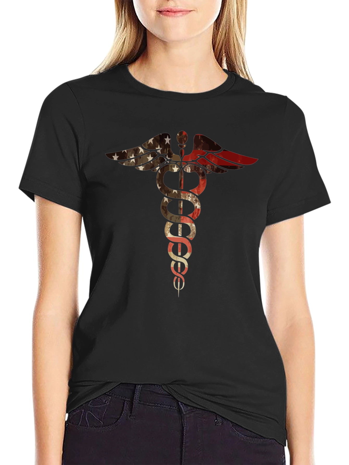 American Flag Medical Symbol Black T-Shirt