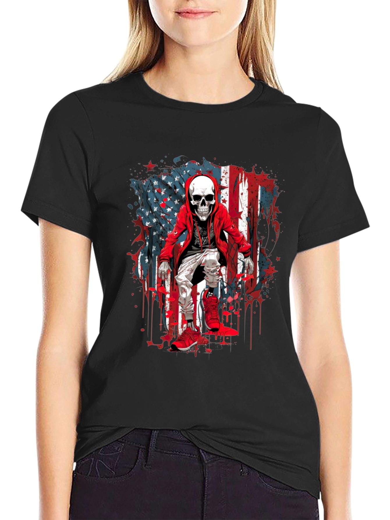 Skeleton USA Flag Graphic T-Shirt
