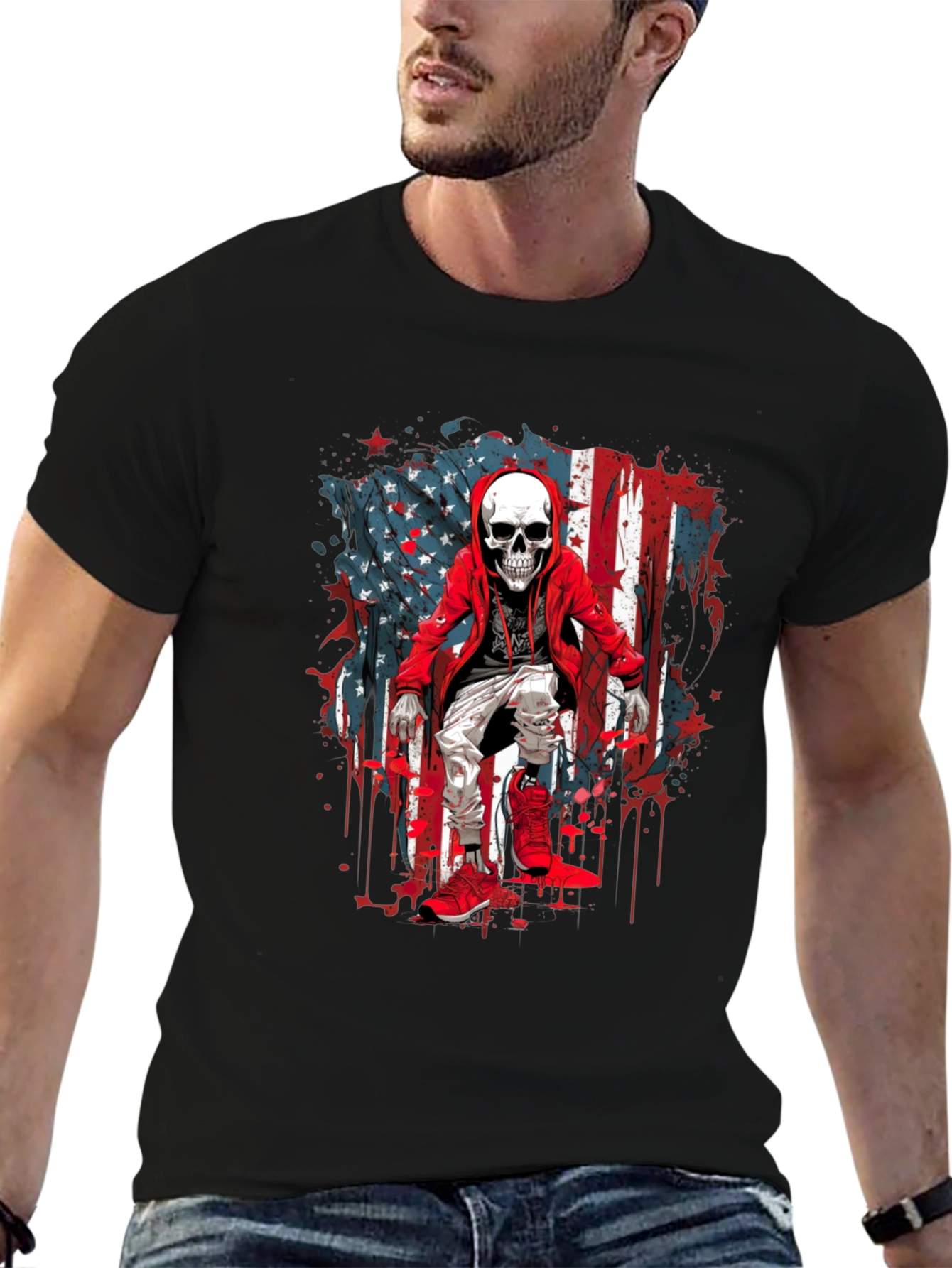 Skeleton USA Flag Graphic T-Shirt