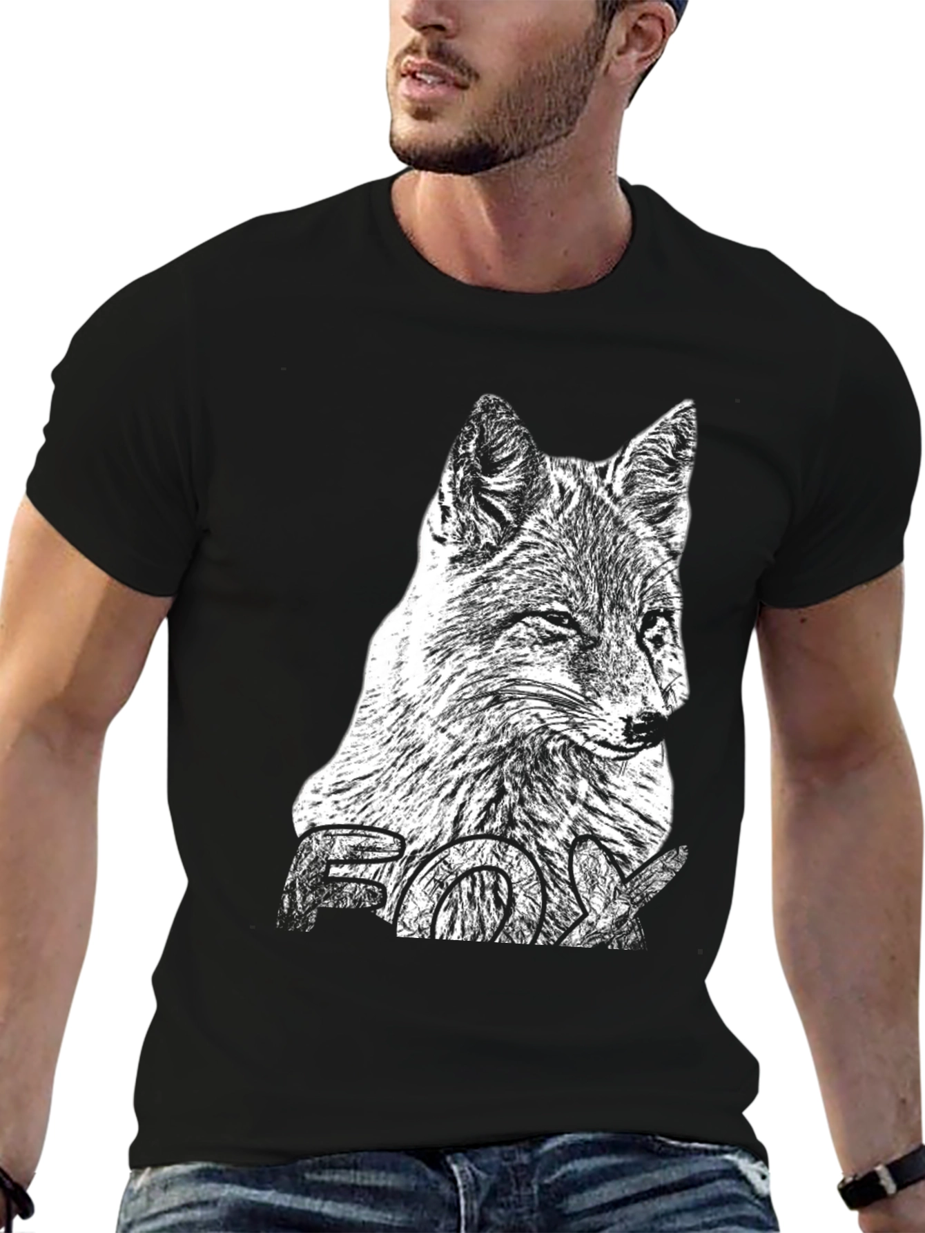 Mens Black T-Shirt with Fox Graphic Print