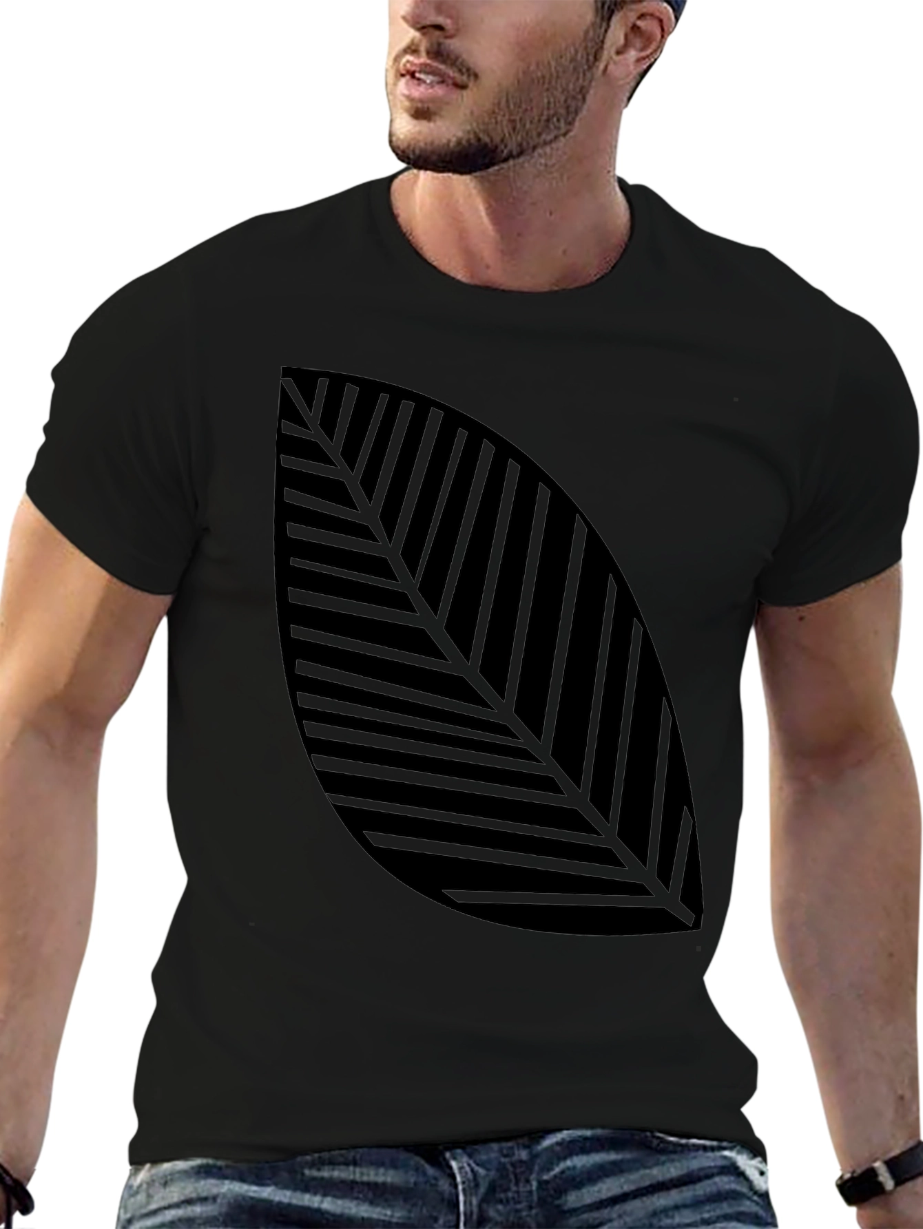 Modern Leaf Print Black T-Shirt
