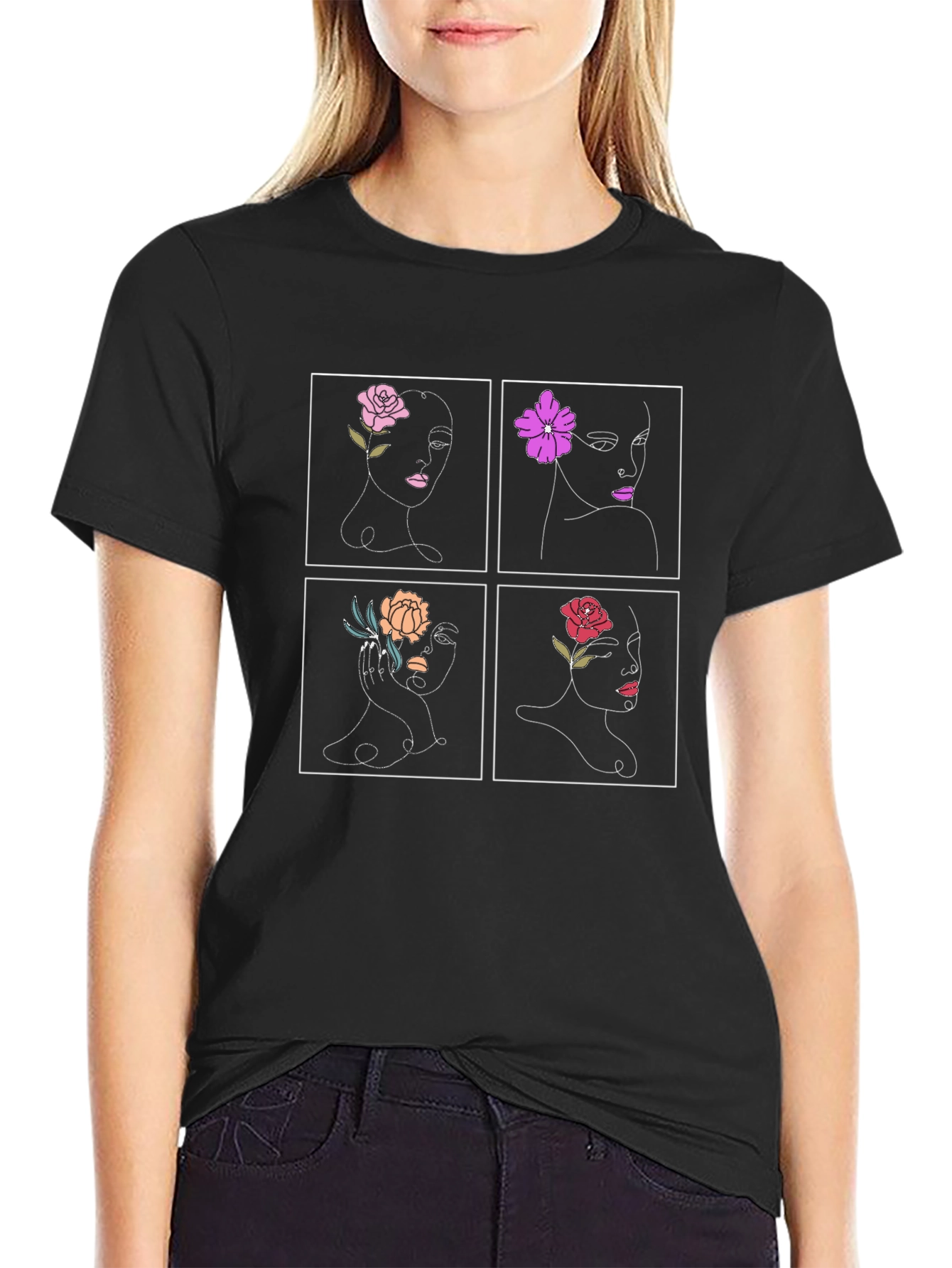 Floral Face Art Black Graphic Tee