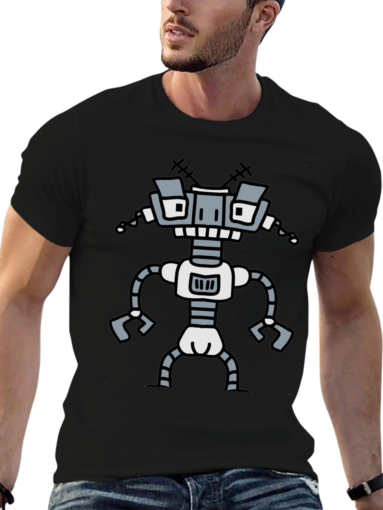 Fun Robot Graphic T-Shirt - Black Cotton Tee
