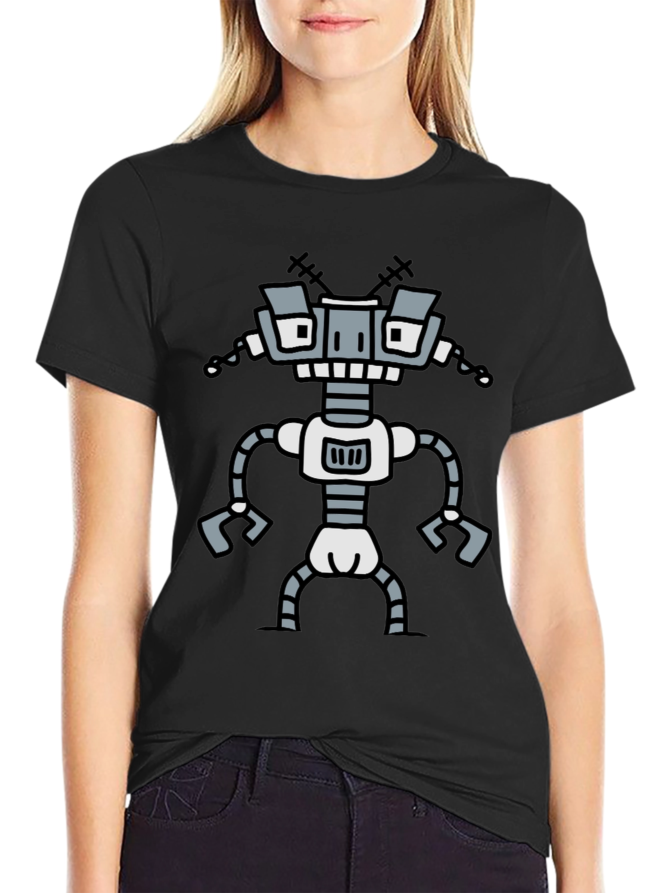 Fun Robot Graphic T-Shirt - Black Cotton Tee