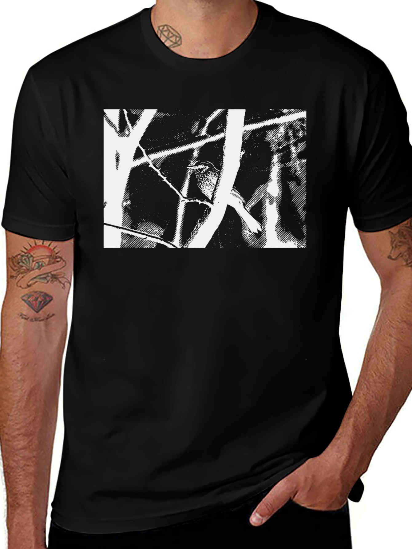 Abstract Bird Print Black T-Shirt