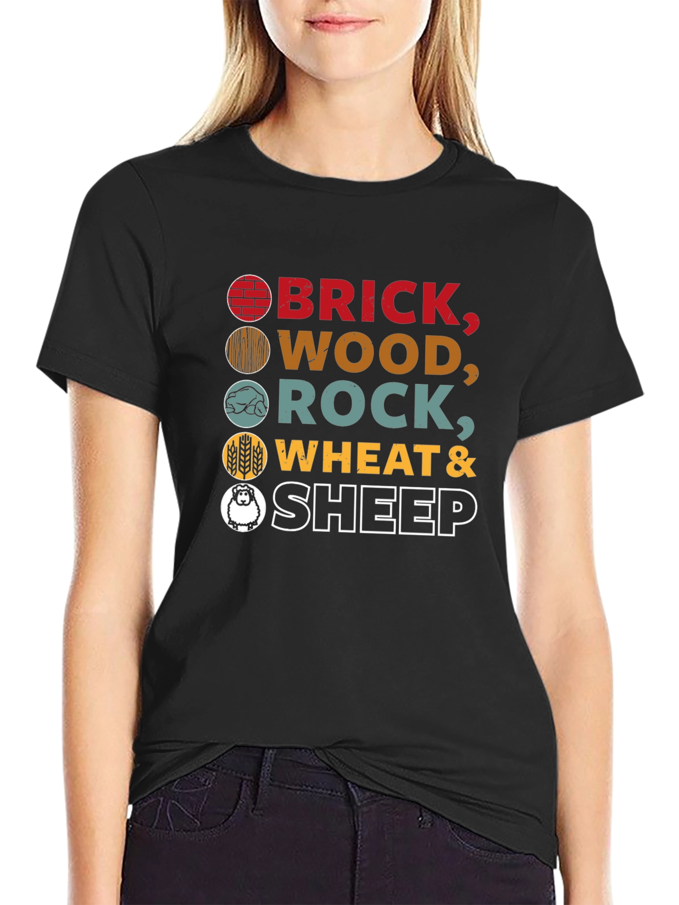 Catan Resources T-Shirt - Brick Wood Rock Wheat Sheep