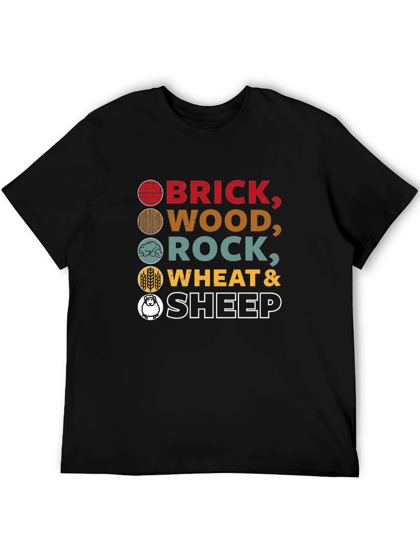 Catan Resources T-Shirt - Brick Wood Rock Wheat Sheep