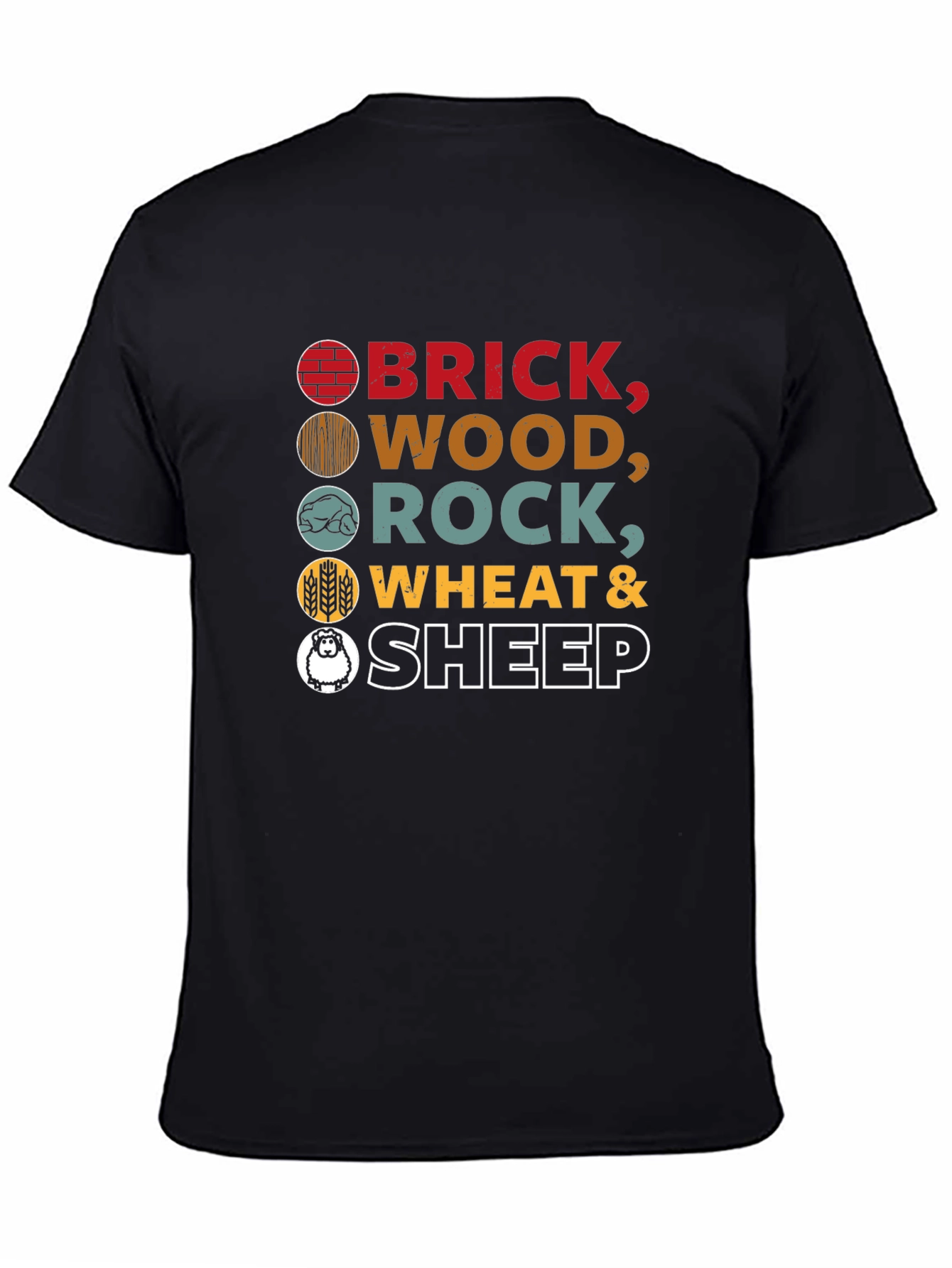 Catan Resources T-Shirt - Brick Wood Rock Wheat Sheep