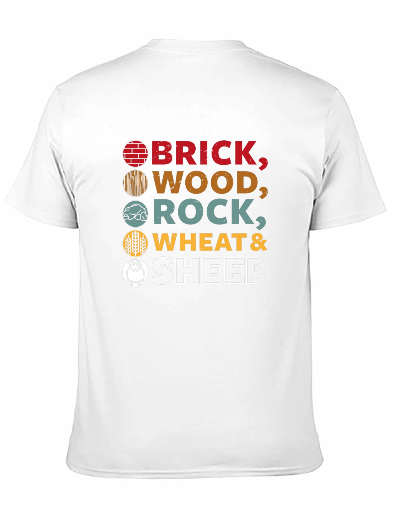 Catan Resources T-Shirt - Brick Wood Rock Wheat Sheep