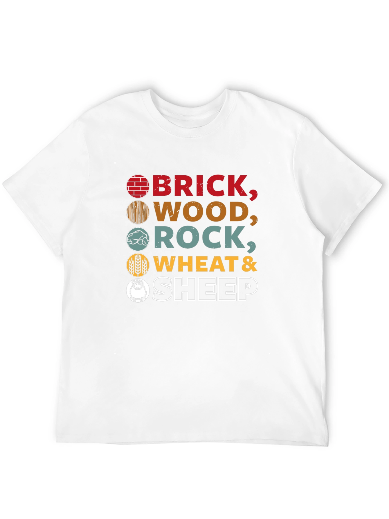 Catan Resources T-Shirt - Brick Wood Rock Wheat Sheep