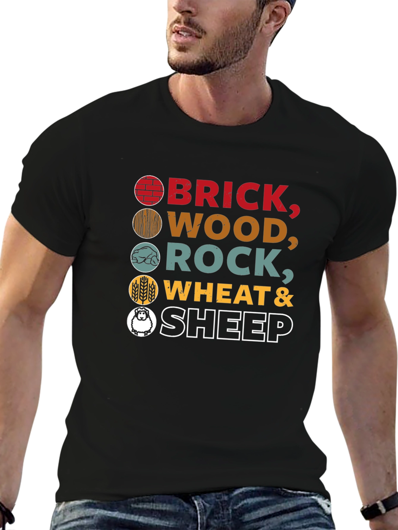 Catan Resources T-Shirt - Brick Wood Rock Wheat Sheep