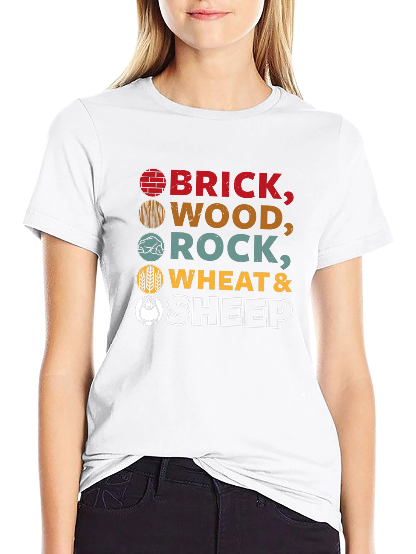 Catan Resources T-Shirt - Brick Wood Rock Wheat Sheep