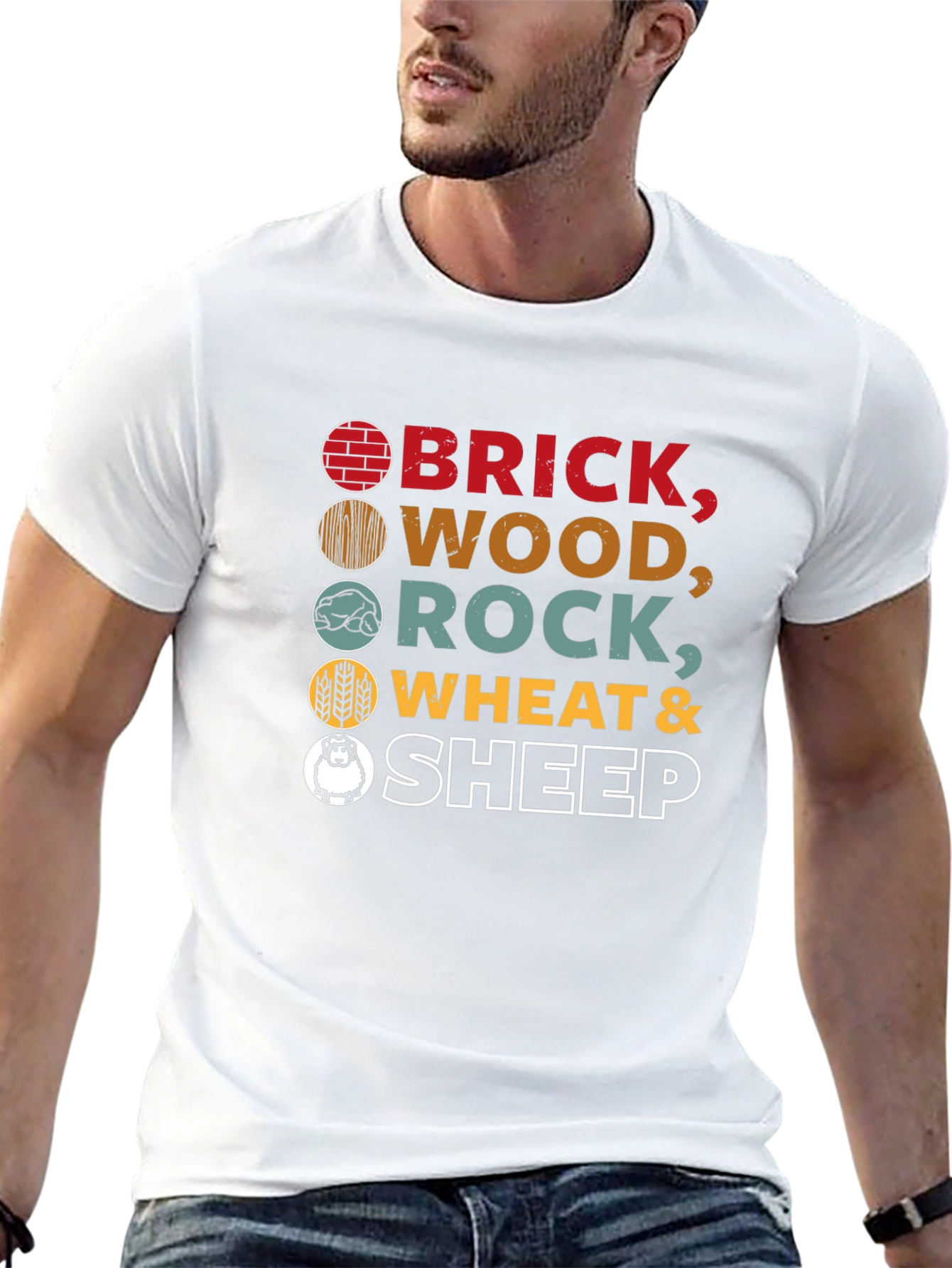 Catan Resources T-Shirt - Brick Wood Rock Wheat Sheep