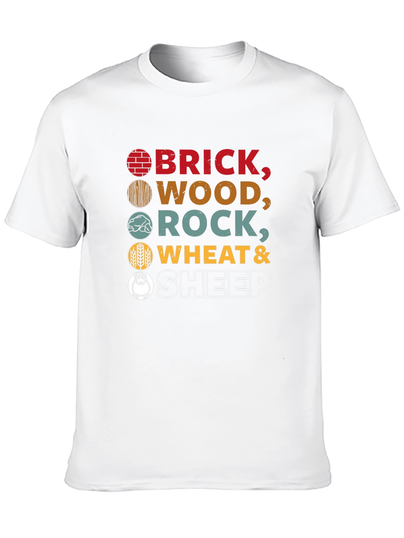 Catan Resources T-Shirt - Brick Wood Rock Wheat Sheep