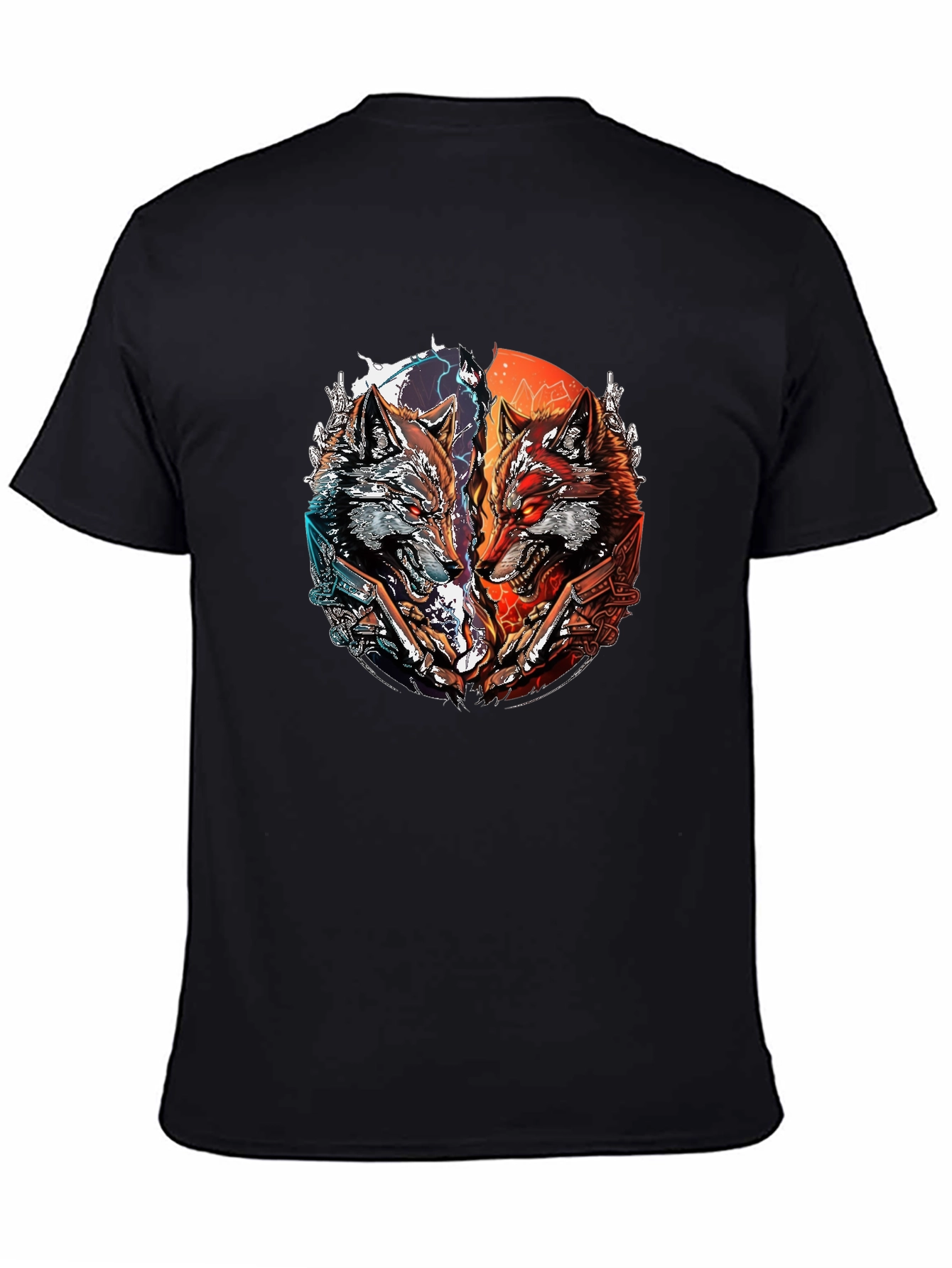 Two Wolves Graphic Print Black T-Shirt