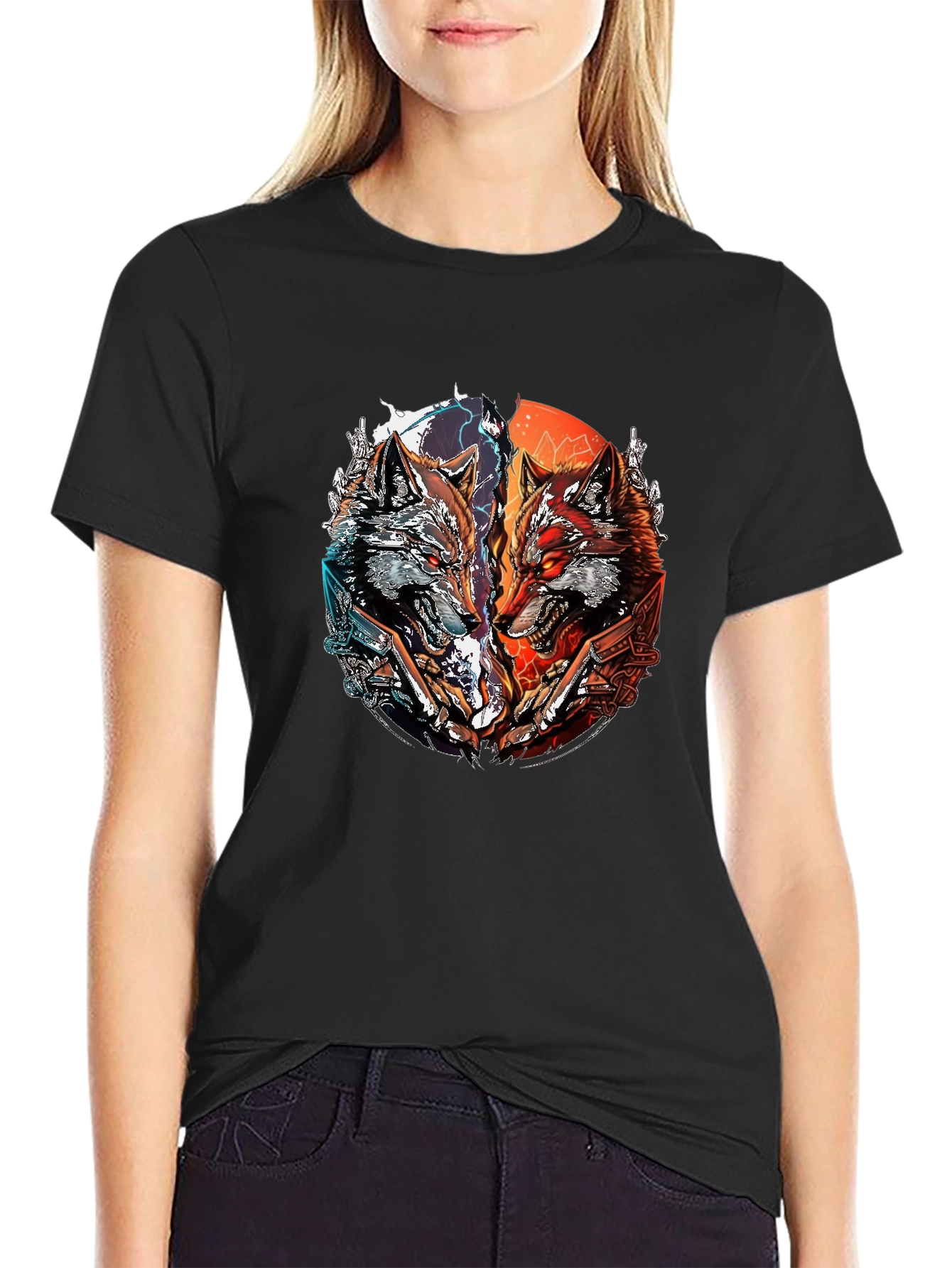 Two Wolves Graphic Print Black T-Shirt
