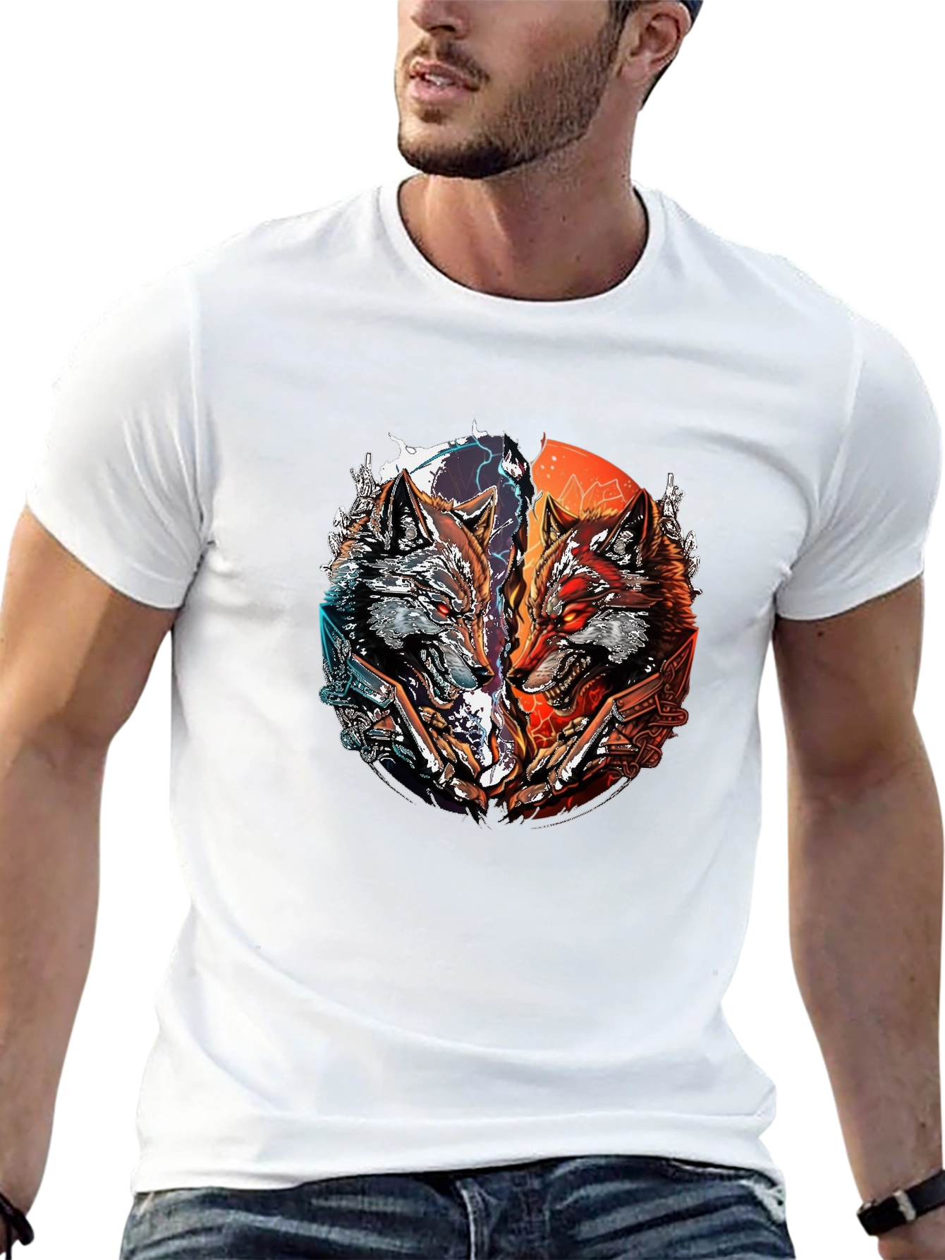 Two Wolves Graphic Print Black T-Shirt