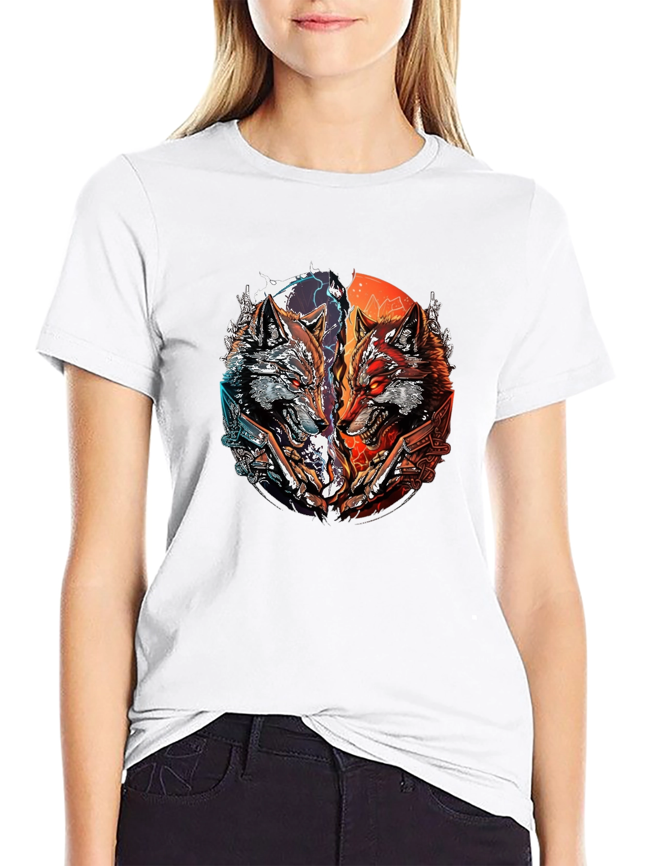 Two Wolves Graphic Print Black T-Shirt