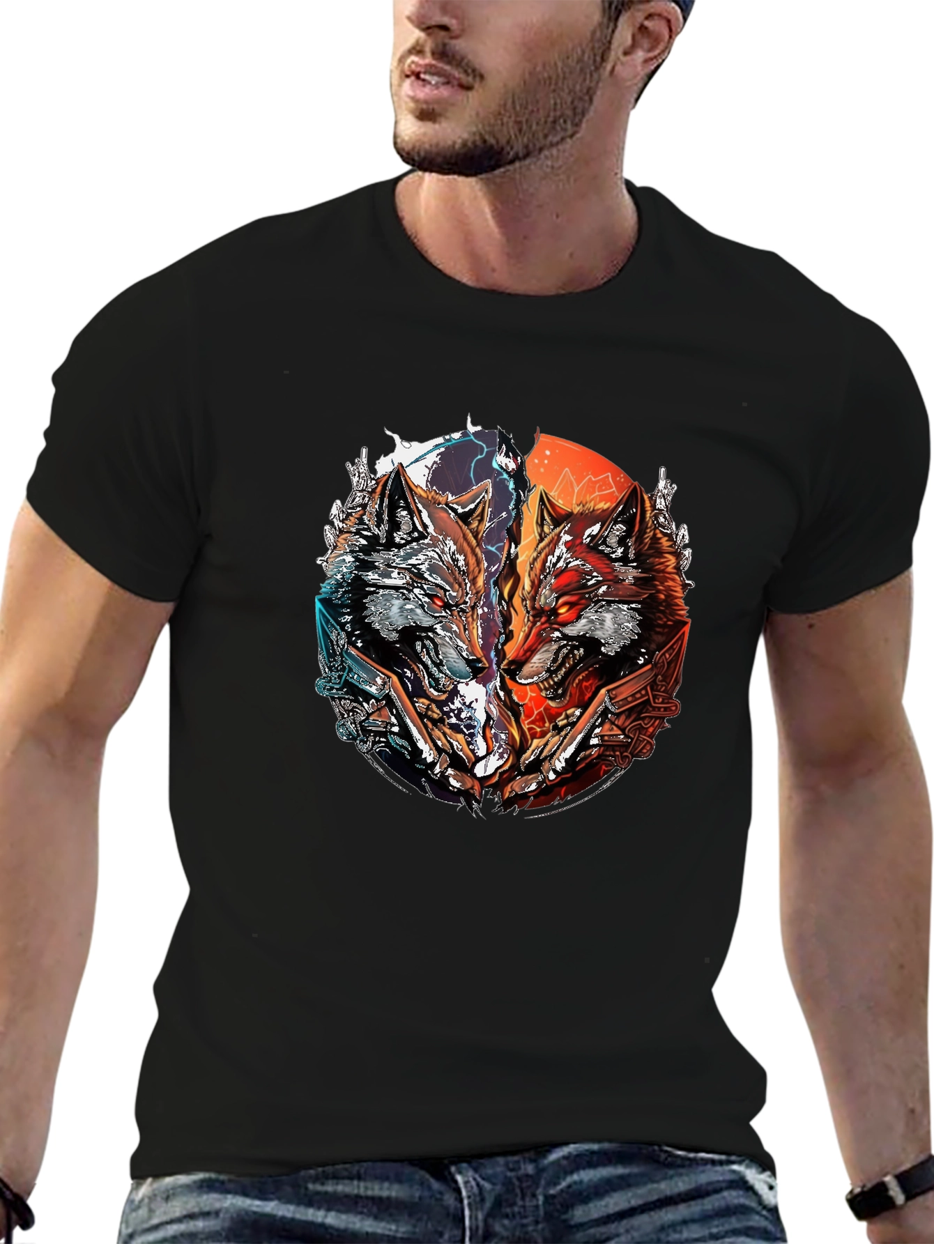 Two Wolves Graphic Print Black T-Shirt