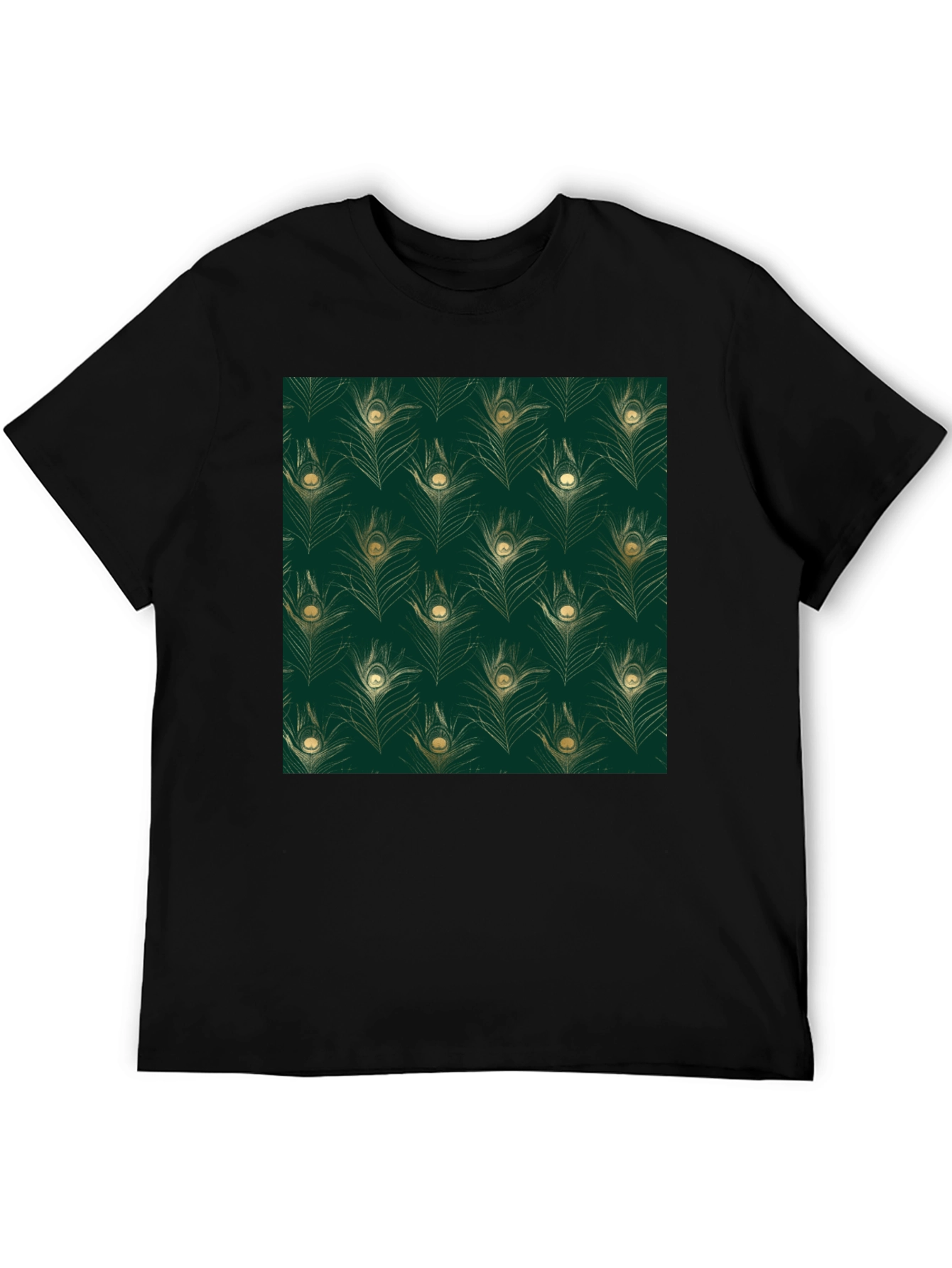 Elegant Peacock Feather Print Black T-Shirt