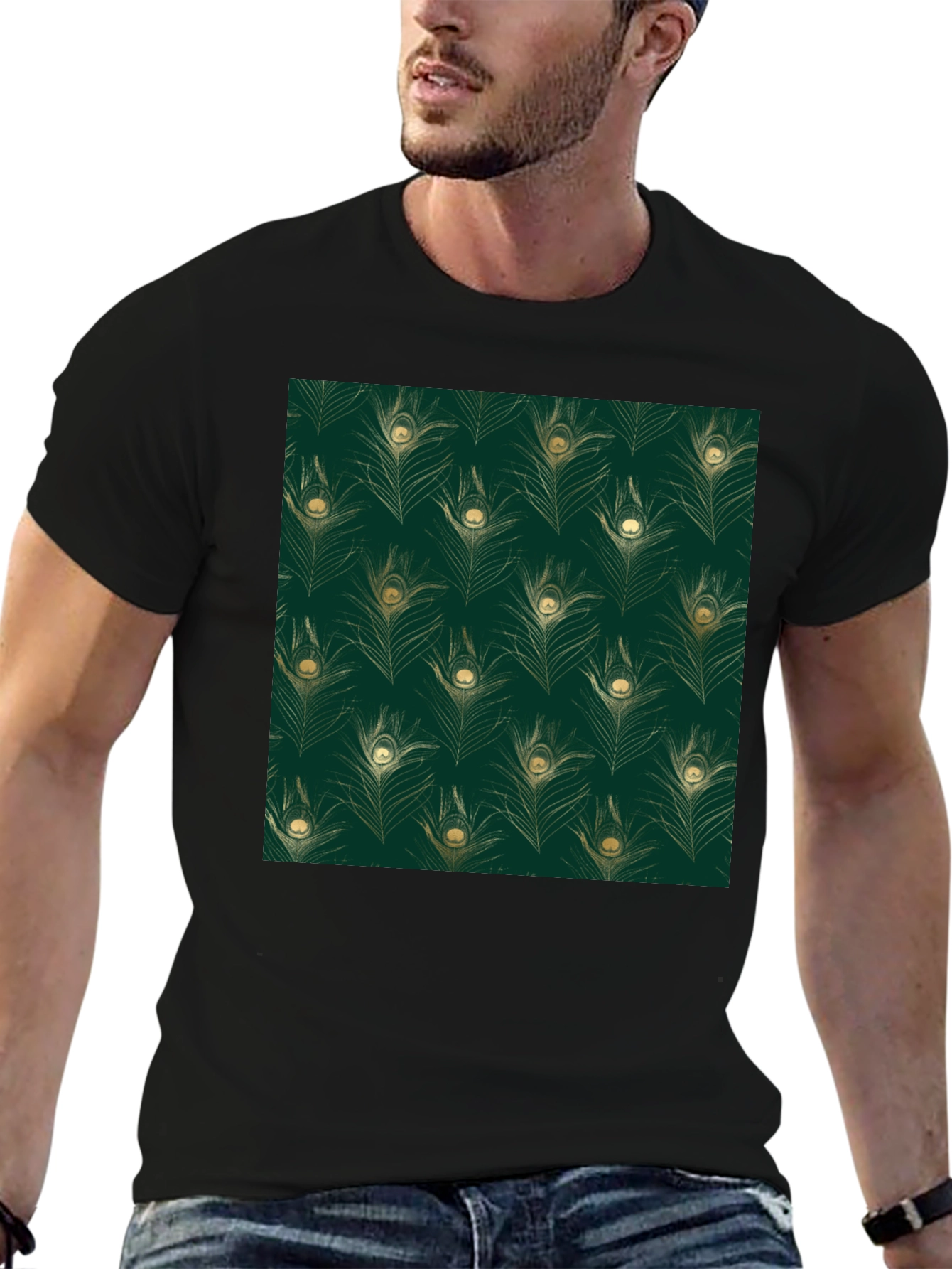 Elegant Peacock Feather Print Black T-Shirt