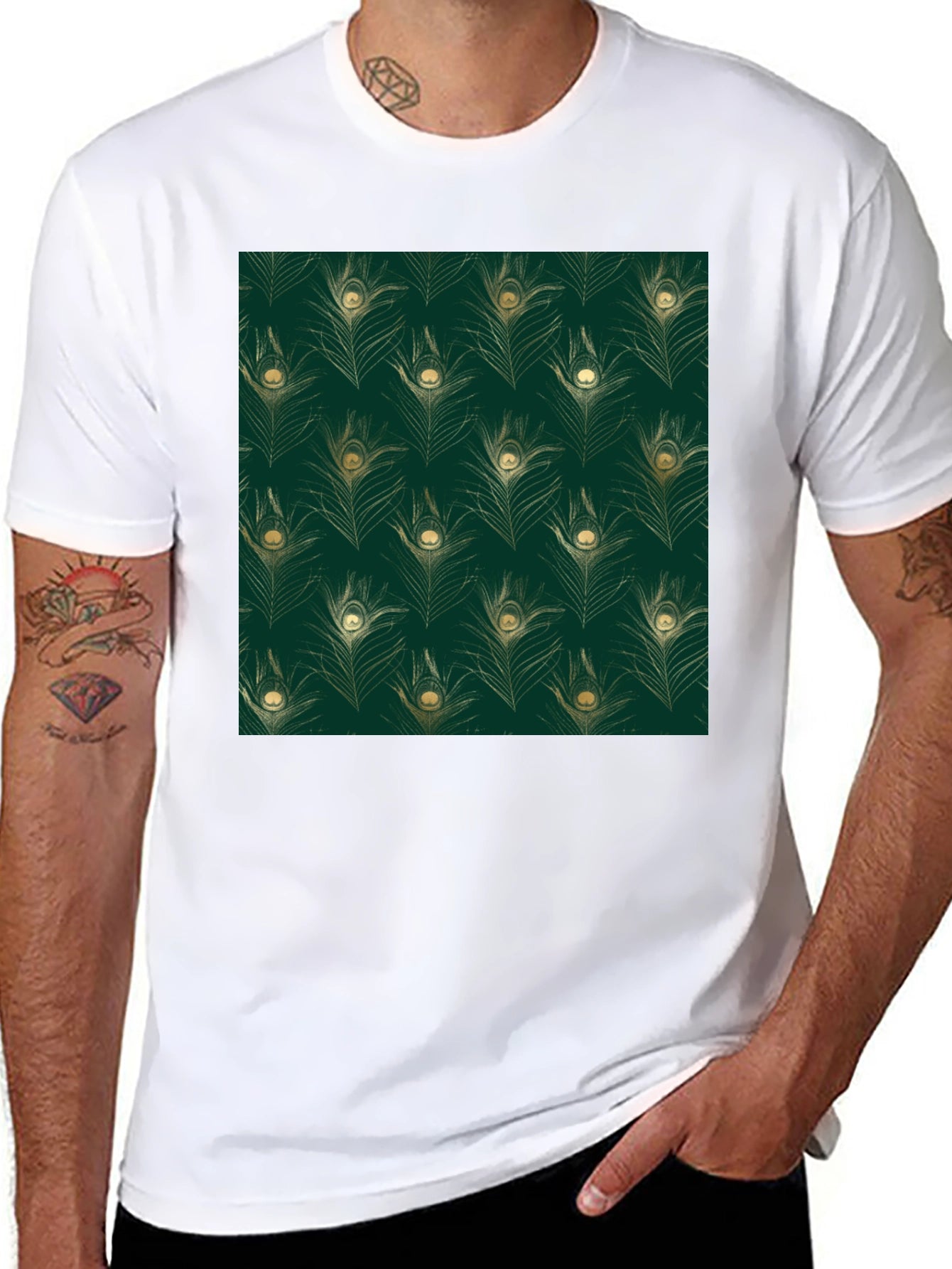 Elegant Peacock Feather Print Black T-Shirt