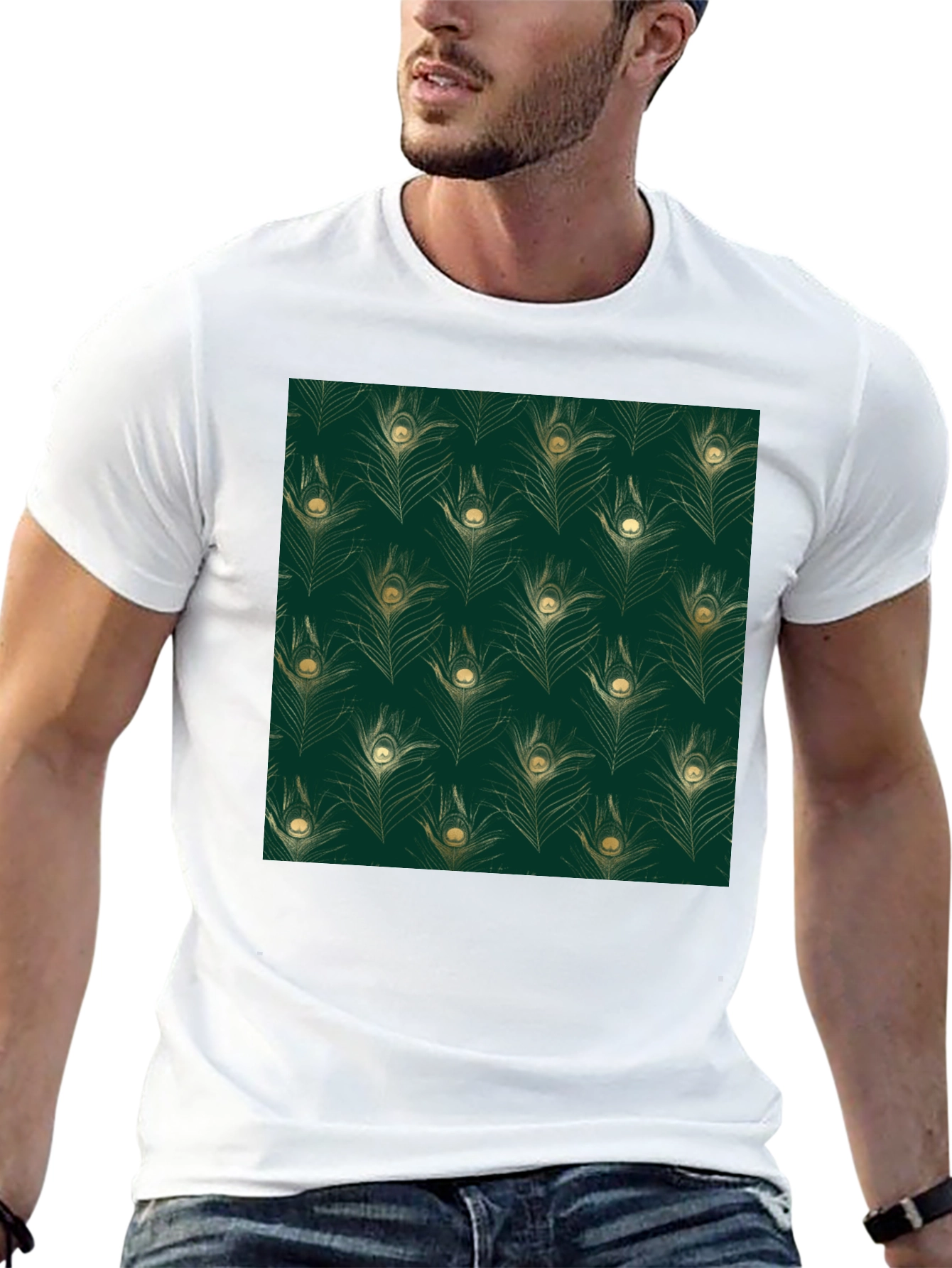 Elegant Peacock Feather Print Black T-Shirt