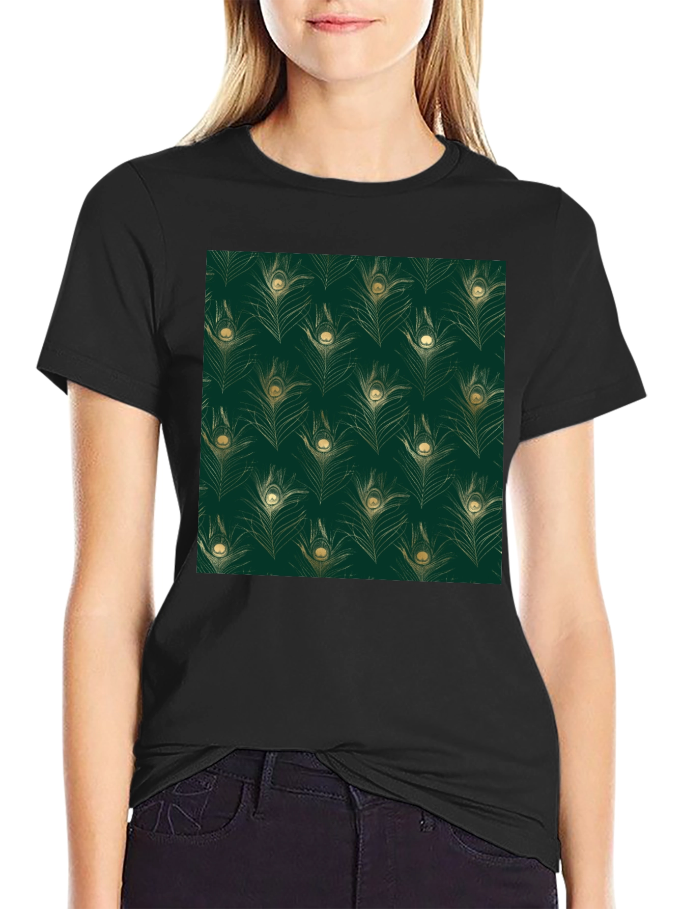 Elegant Peacock Feather Print Black T-Shirt