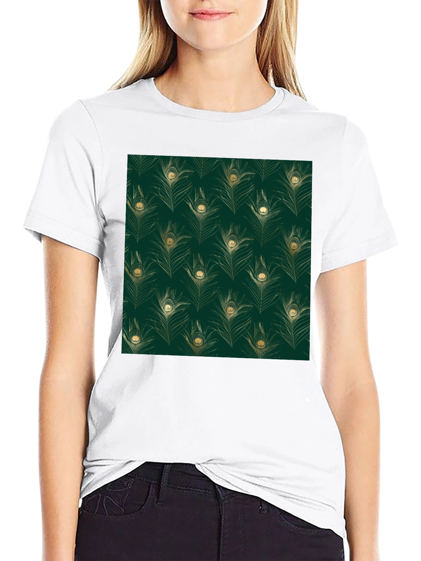 Elegant Peacock Feather Print Black T-Shirt