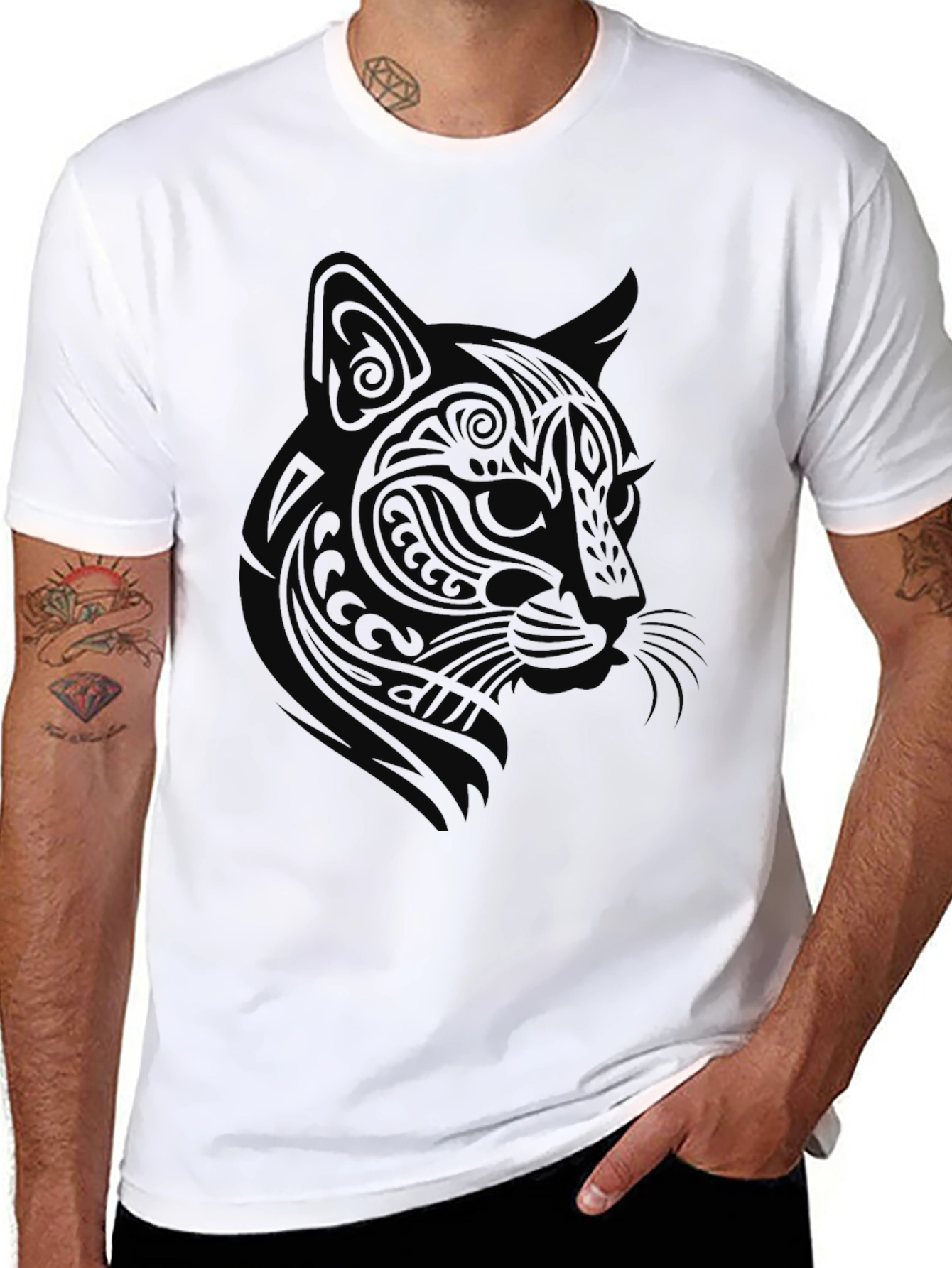 Tribal Cat Graphic Tee - Black Cotton Blend