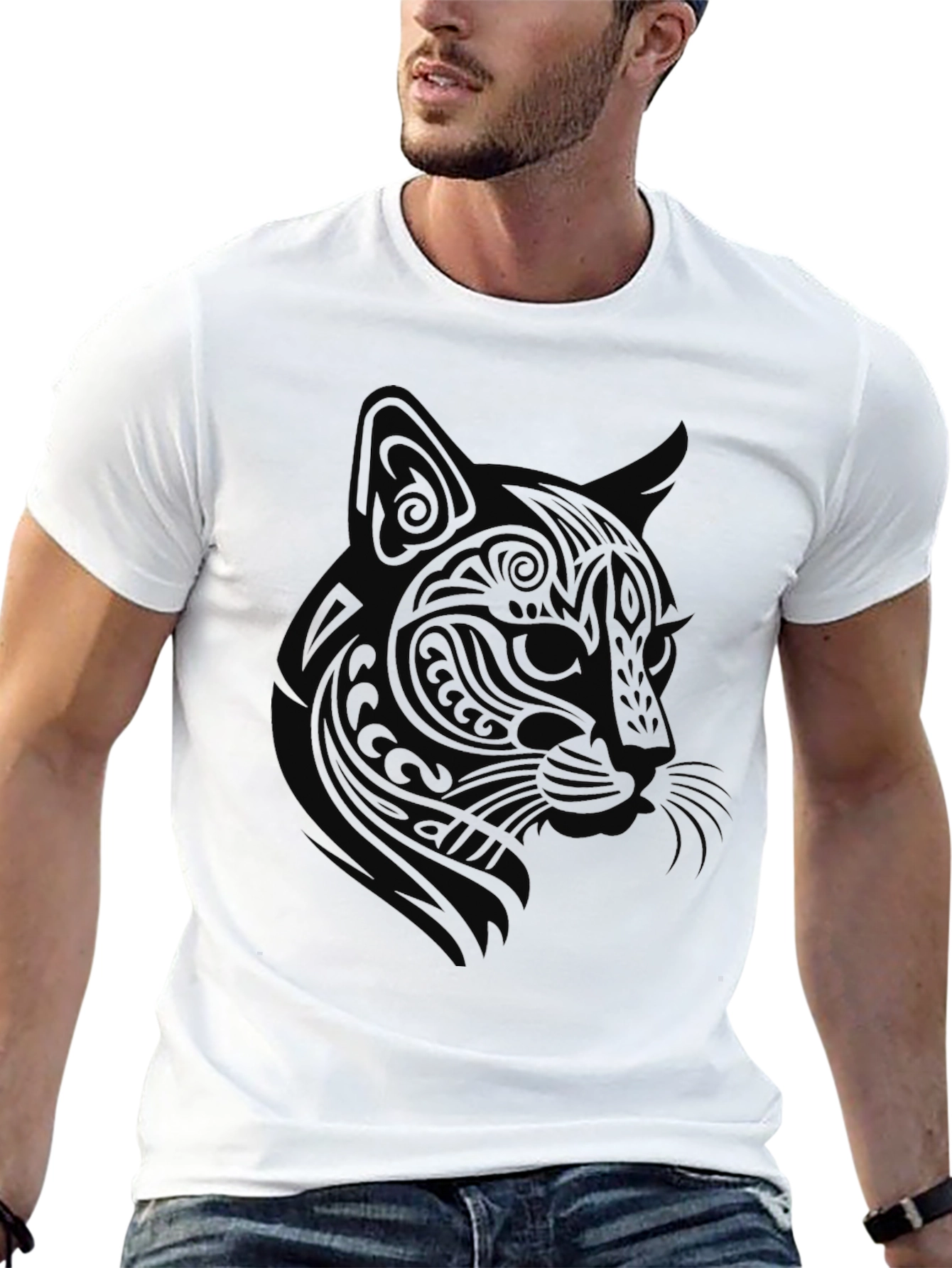 Tribal Cat Graphic Tee - Black Cotton Blend