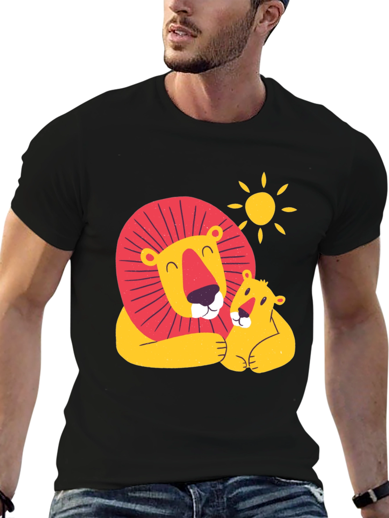 Cute Lion & Cub Graphic Black T-Shirt
