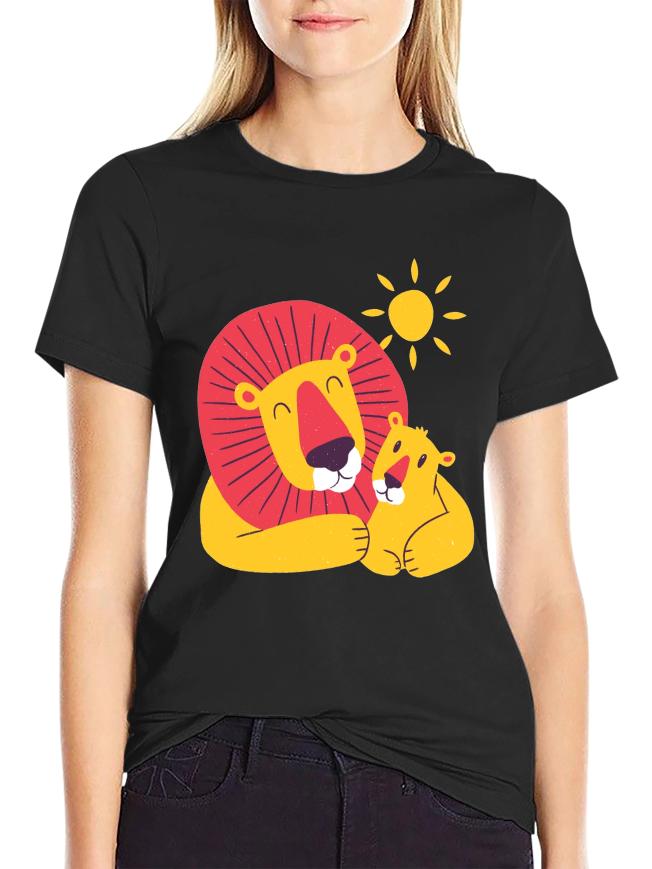 Cute Lion & Cub Graphic Black T-Shirt
