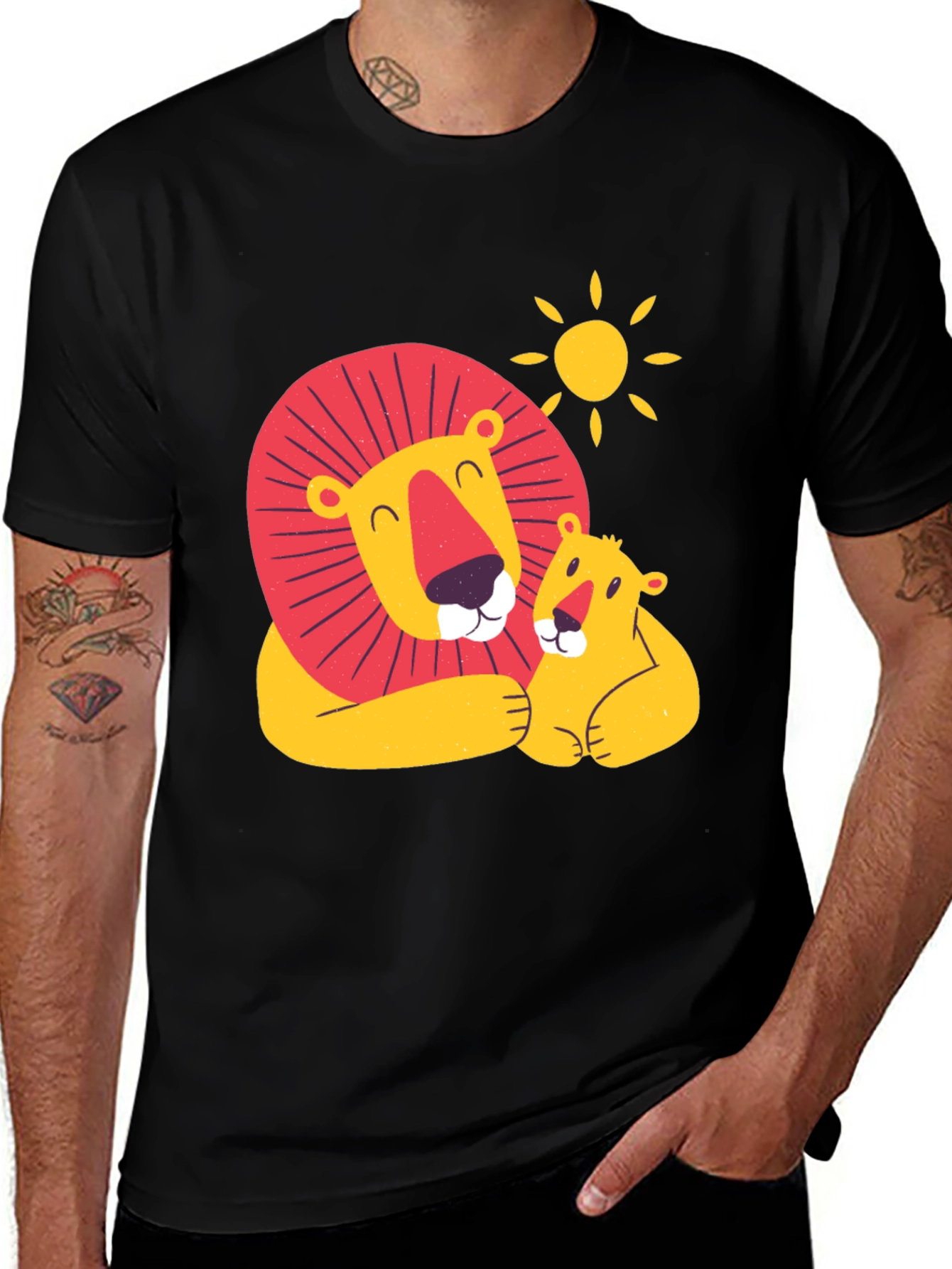 Cute Lion & Cub Graphic Black T-Shirt