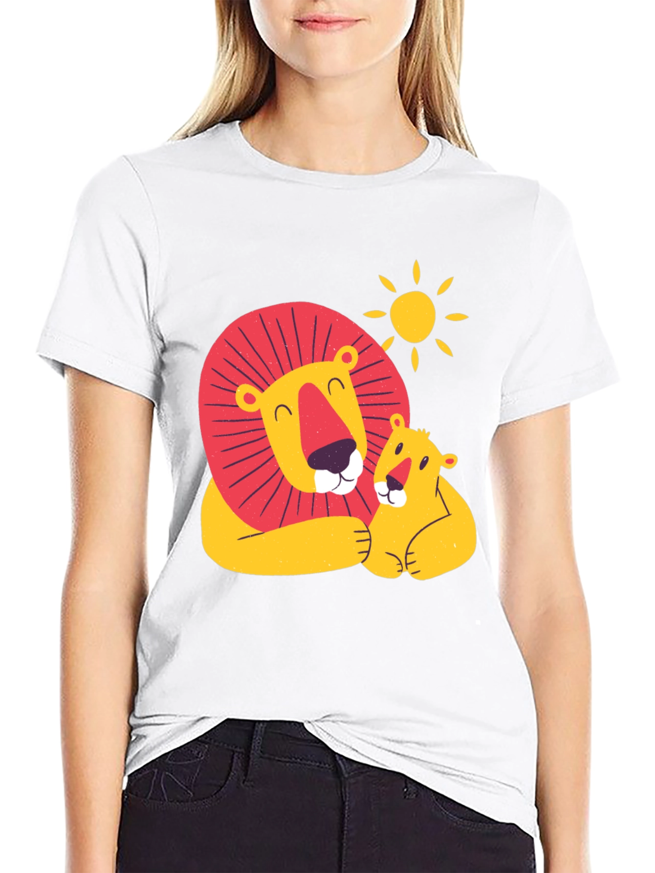 Cute Lion & Cub Graphic Black T-Shirt