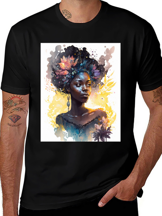 Watercolor Floral Woman Black T-Shirt