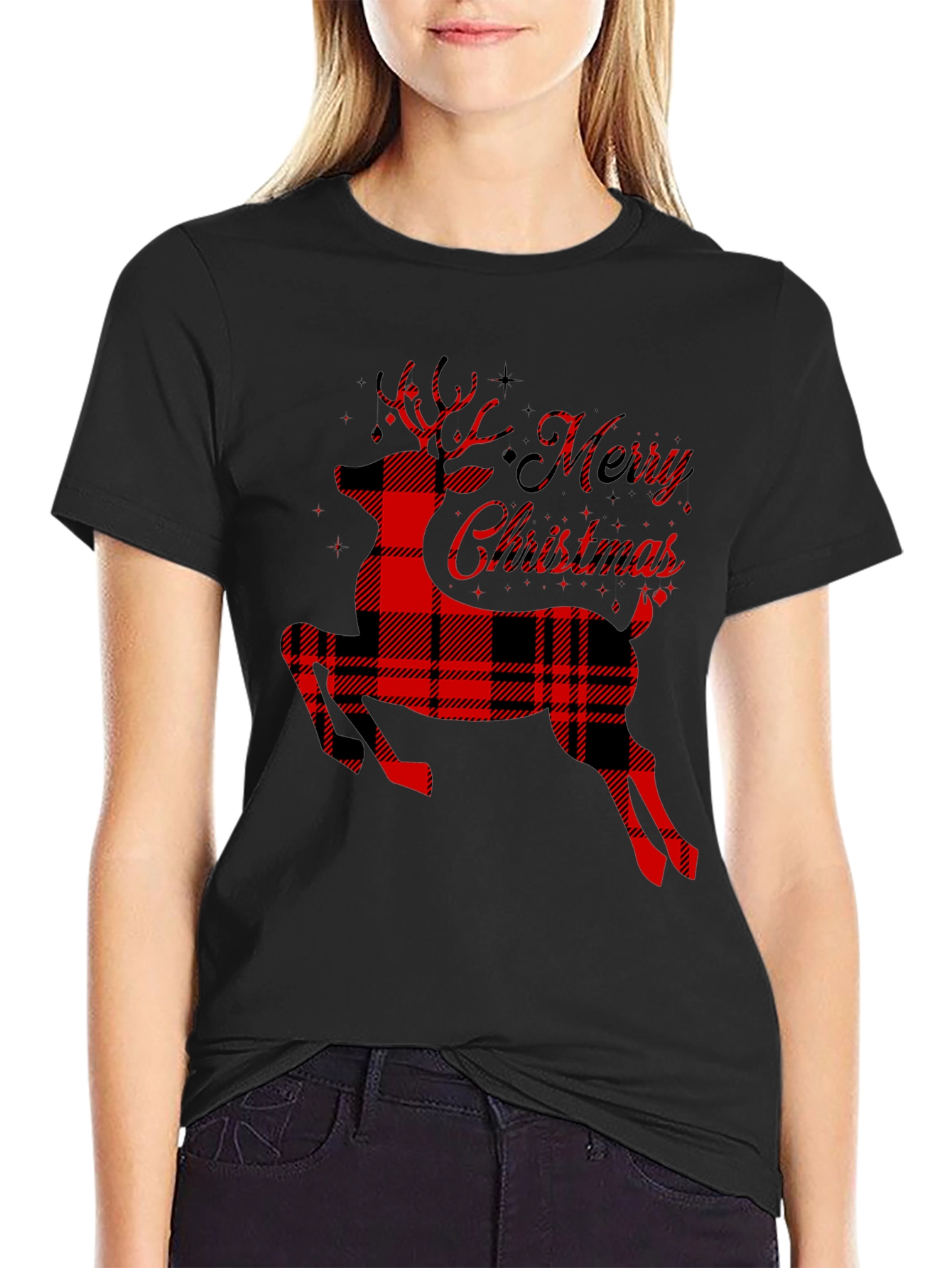 Plaid Reindeer Merry Christmas T-Shirt