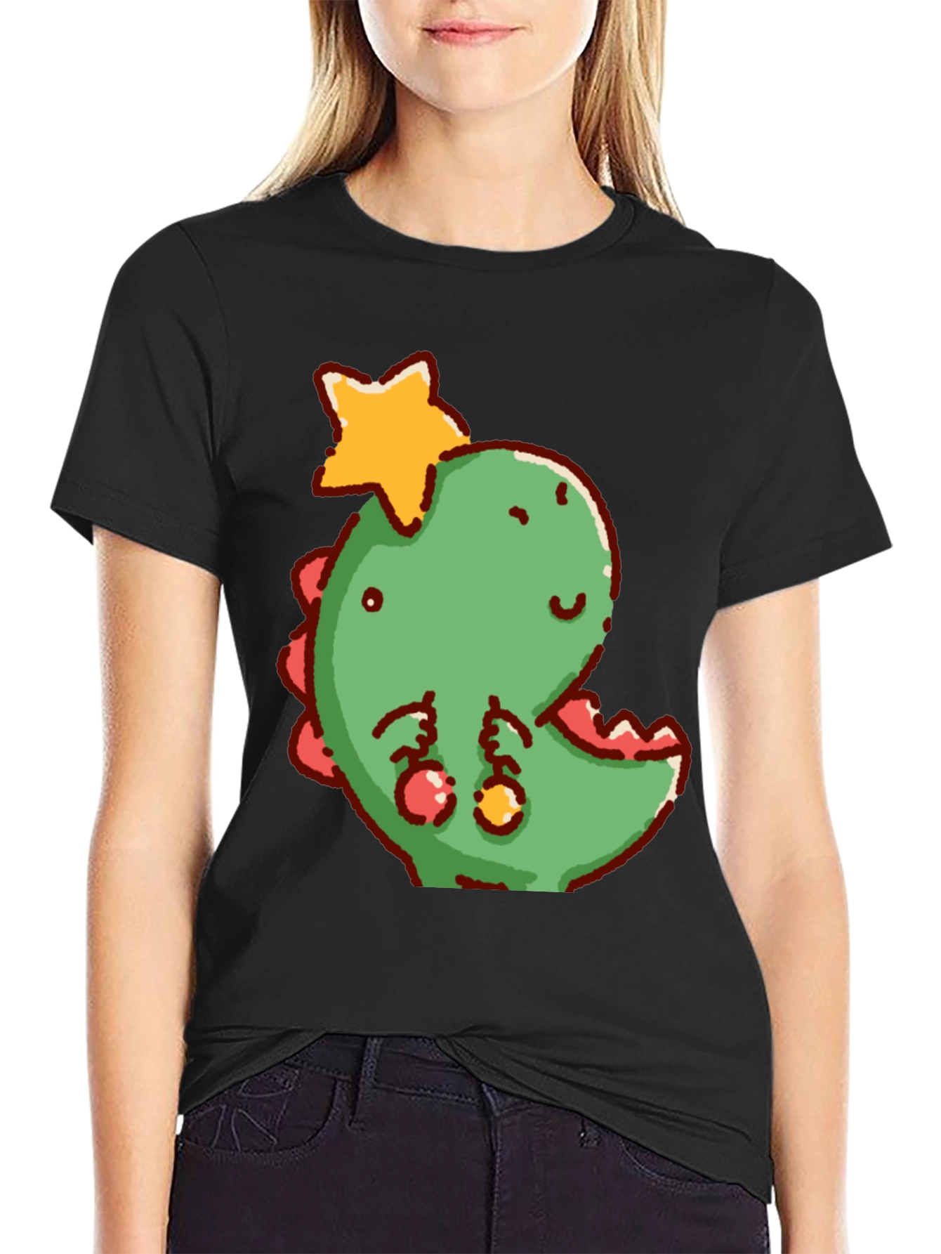 Cute Dinosaur with Star Christmas T-Shirt