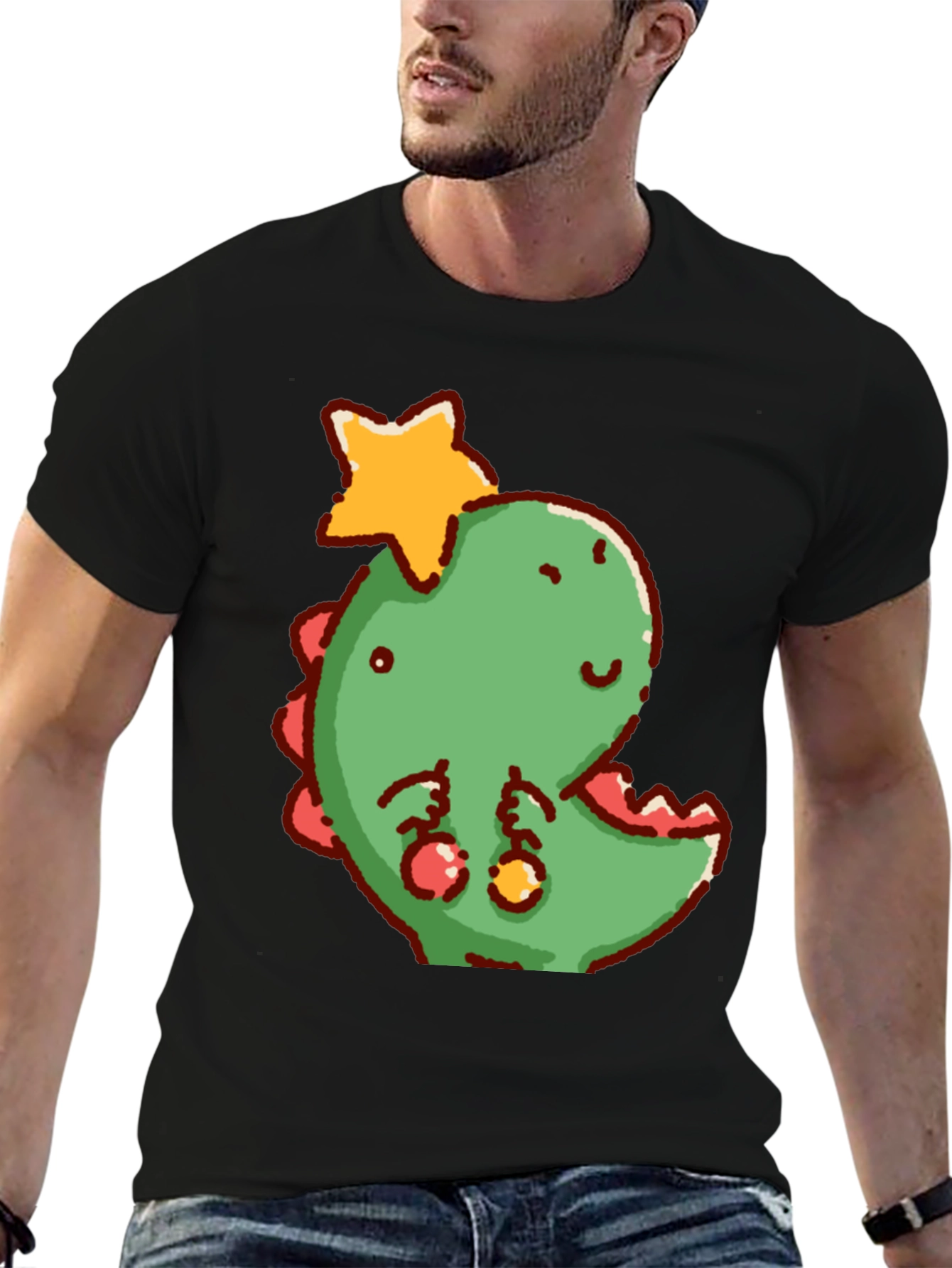 Cute Dinosaur with Star Christmas T-Shirt
