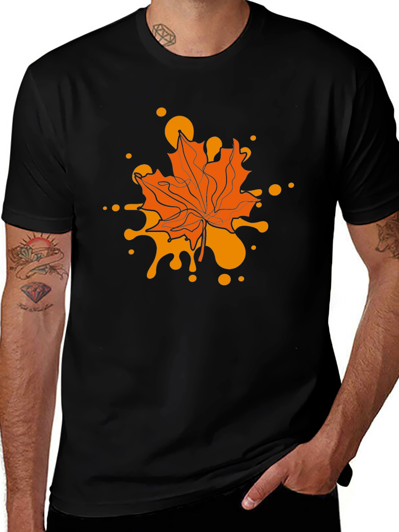 Autumn Maple Leaf Graphic Tee - Black Casual T-Shirt