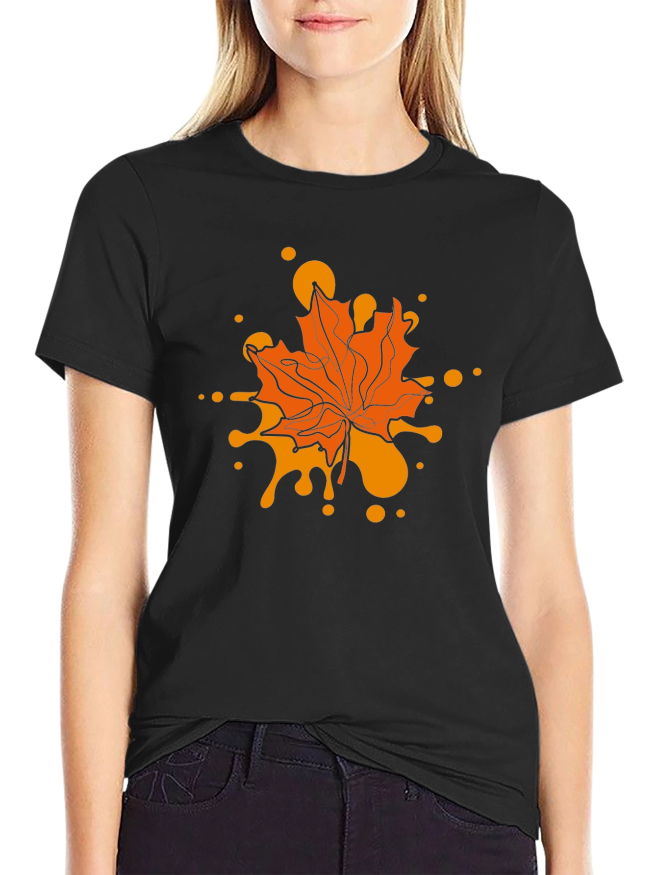 Autumn Maple Leaf Graphic Tee - Black Casual T-Shirt